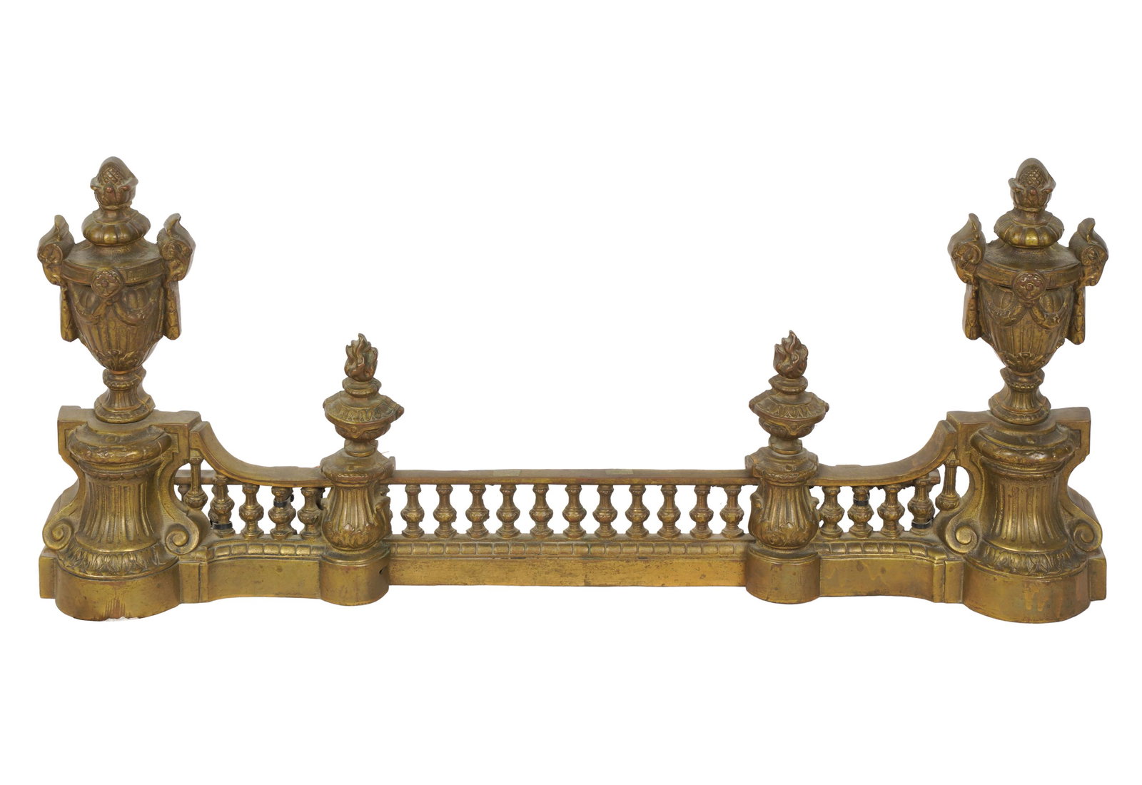 LOUIS XVI-STYLE GILT BRASS FIRPLACE FENDER: Condition: general rubbed wear and darkening; 37 inches wide; 4 inches deep; 16 inches high