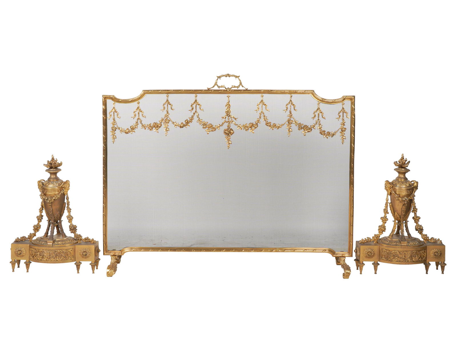 LOUIS XVI-STYLE GILT BRASS THREE-PIECE FIRE SET (1 of 12)