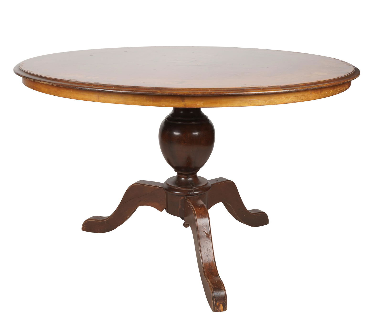 MARQUETRY-INLAID MAHOGANY BREAKFAST TABLE: the round top with floral border and central floral medallion raised on a tripartite pedestal base; Provenance: Chuck Fries, Godfather of the Television Movie, and Ava Fries Estate, Beverly Hills; 50