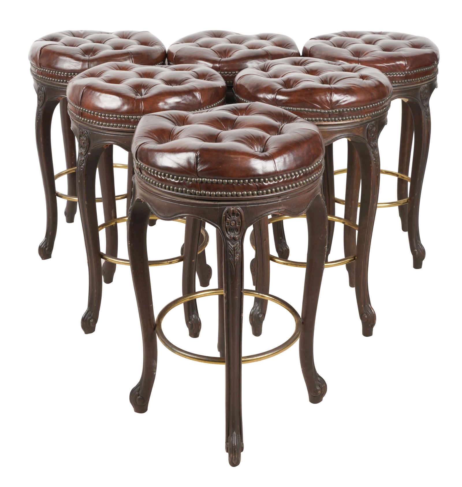 EIGHT FRENCH PROVINCIAL-STYLE BARSTOOLS: after 1950; with tufted leather seats; Provenance: Chuck Fries, Godfather of the Television Movie, and Ava Fries Estate, Beverly Hills; 29 inches wide; 28 inches high