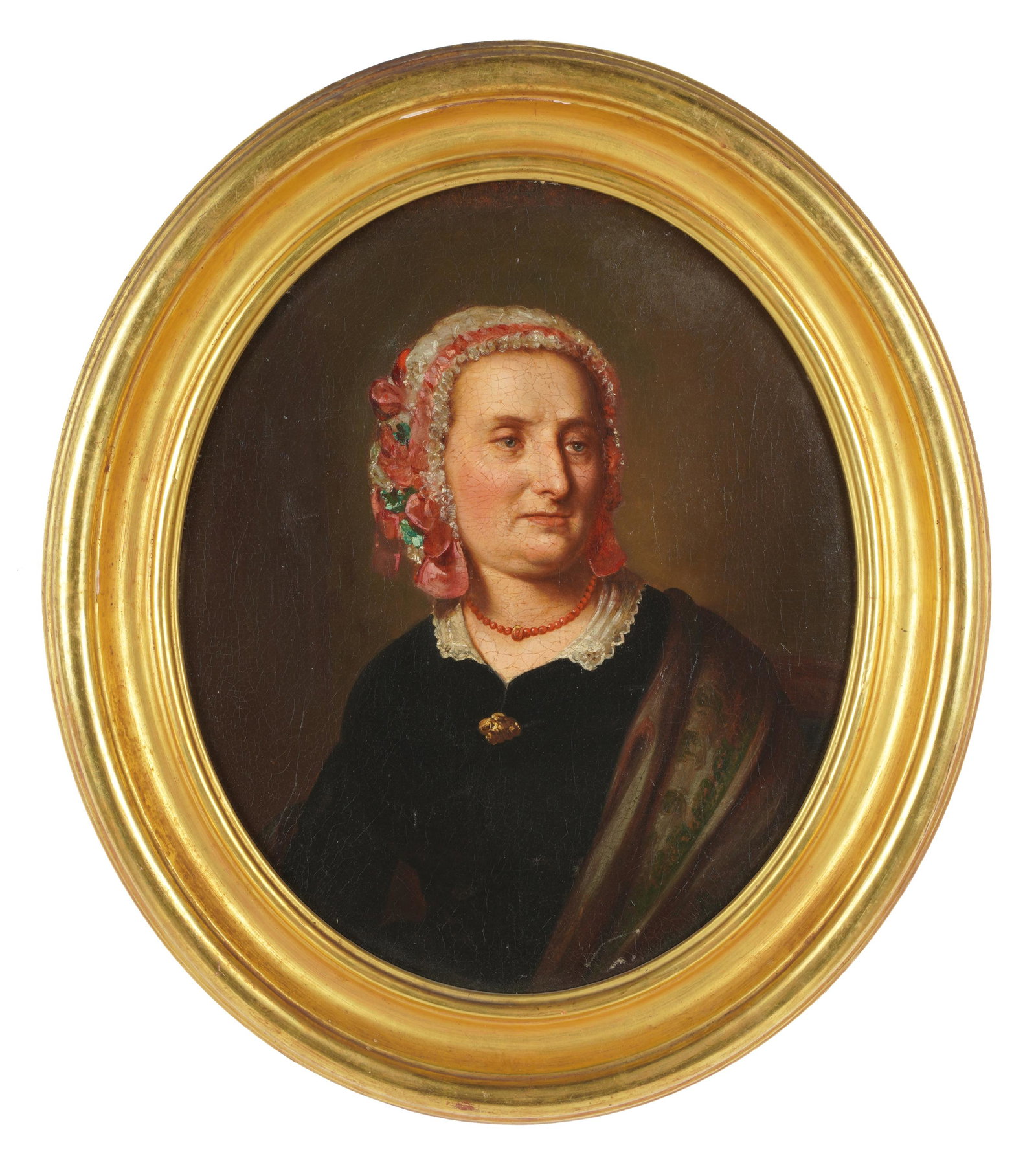 AMERICAN SCHOOL (19TH C.): PORTRAIT OF A LADY: oil on canvas; unsigned; Condition: a patch to canvas verso; craquelure throughout; 14 3/4 x 12 1/2 inches oval; 18 1/2 x 16 inches frame
