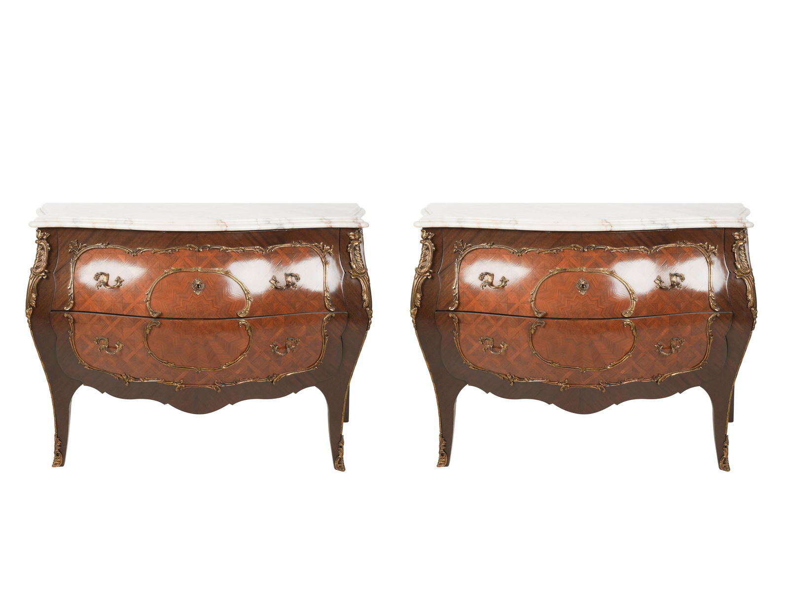 PAIR LOUIS XV-STYLE MARBLE-TOP PARQUETRY COMMODES (1 of 20)