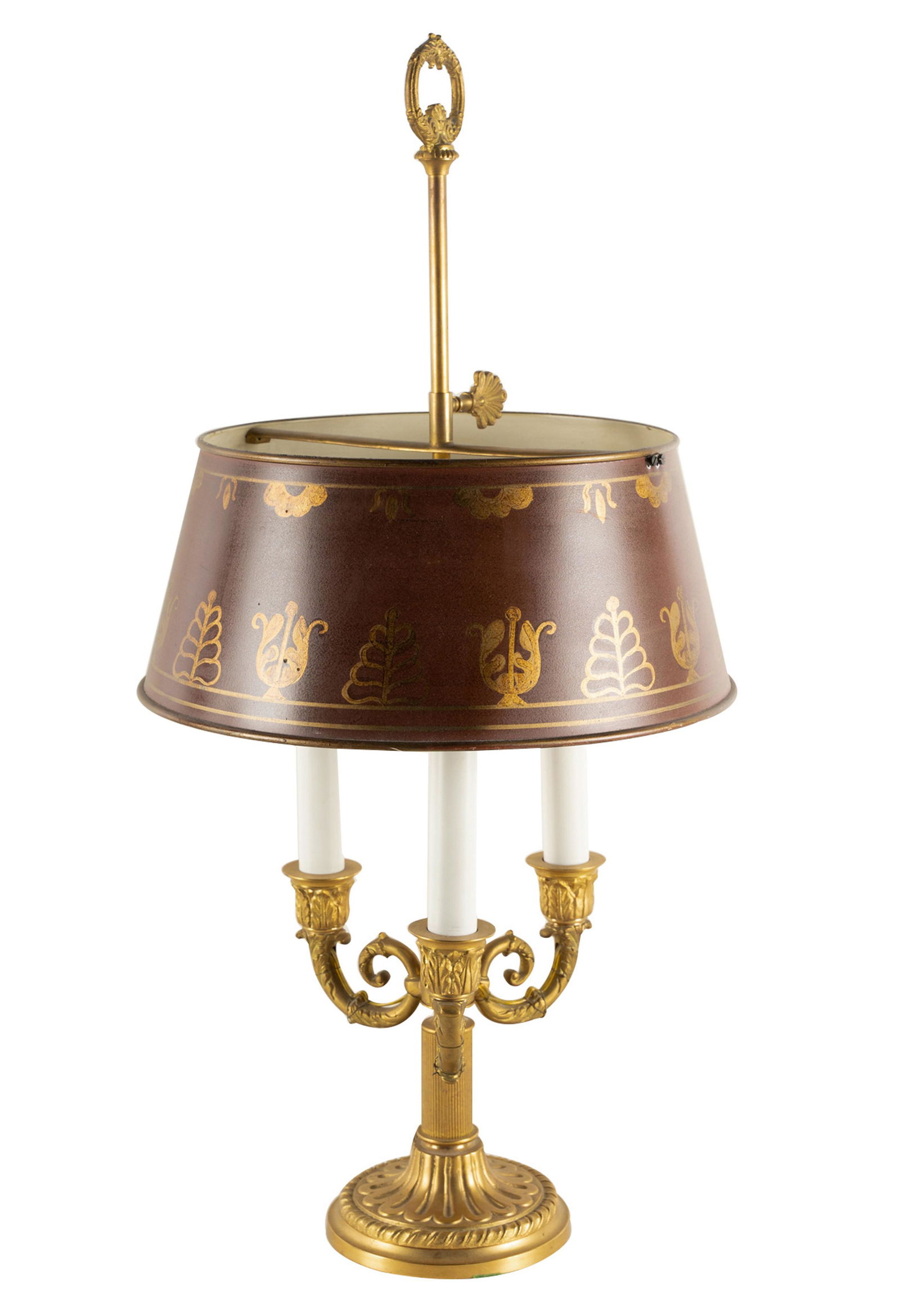 TOLE PEINT & GILT METAL BOUILLOTTE LAMP: with three sockets; Provenance: Chuck Fries, Godfather of the Television Movie, and Ava Fries Estate, Beverly Hills; 13 inches diameter; 26 inches high