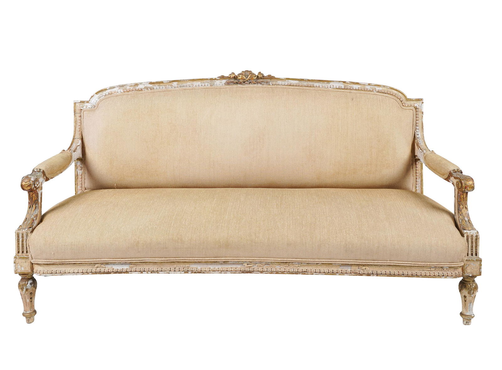 LOUIS XVI-STYLE CARVED, PAINTED & GILT SETTEE (1 of 10)