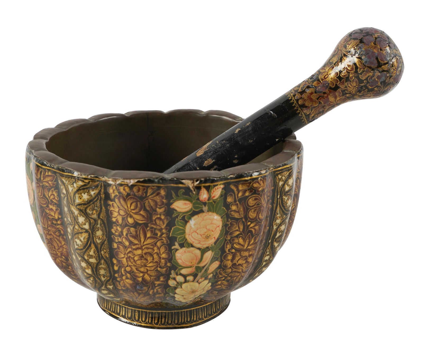 PERSIAN MORTAR & PESTLE: papier mache over copper; Provenance: The Estate of Arthur and Doris Glick, Beverly Hills; 5 3/4 inches diameter; pestle: 8 1/4 inches long