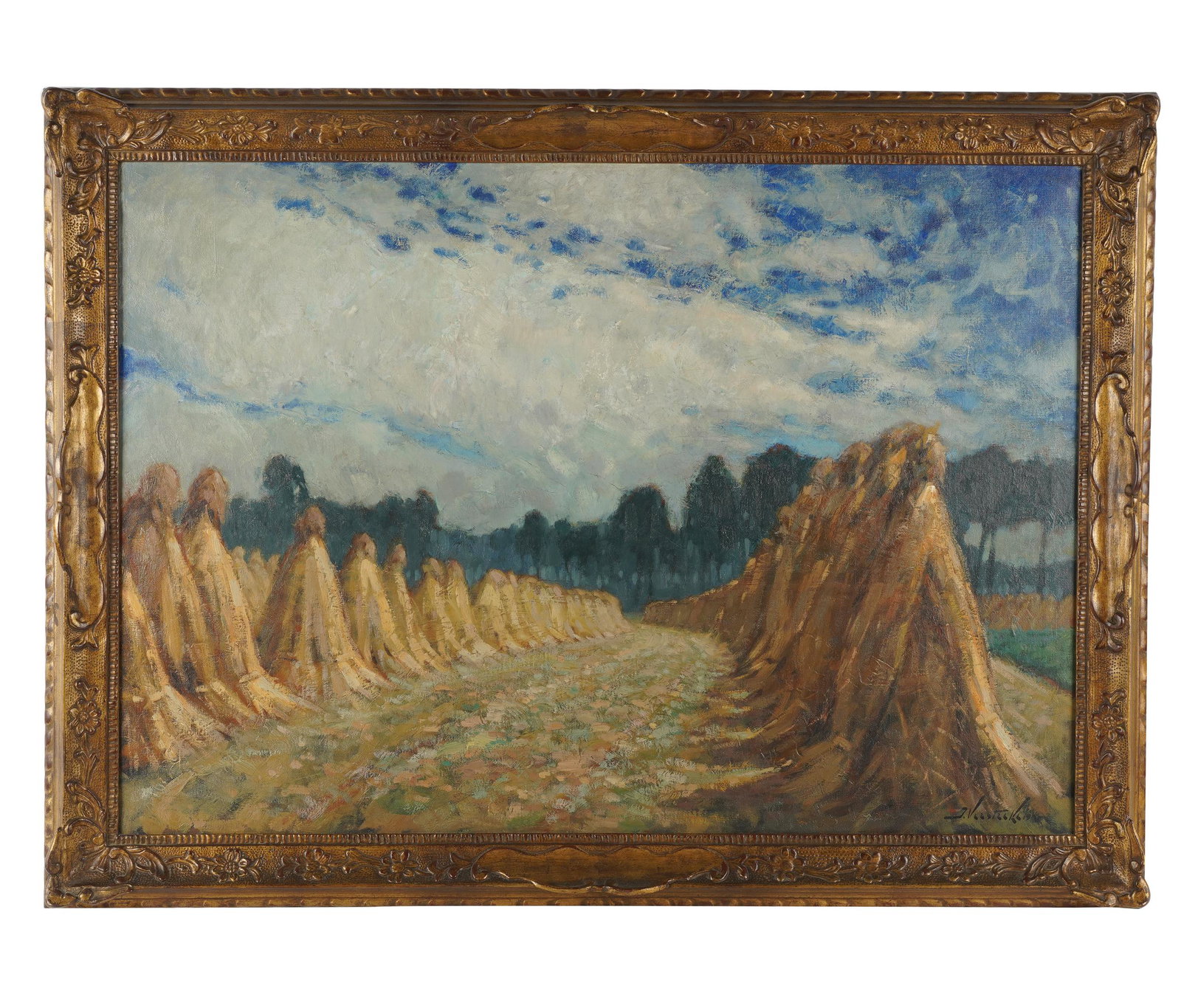 20TH CENTURY: HAYSTACKS: oil on canvas; signed illegibly lower right; Provenance: The Estate of Arthur & Doris Glick, Beverly Hills; 28 x 40 inches; 34 x 46 inches frame