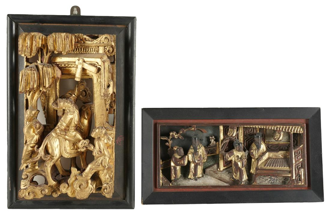 TWO CHINESE CARVED & GILT WOOD PANELS (1 of 8)
