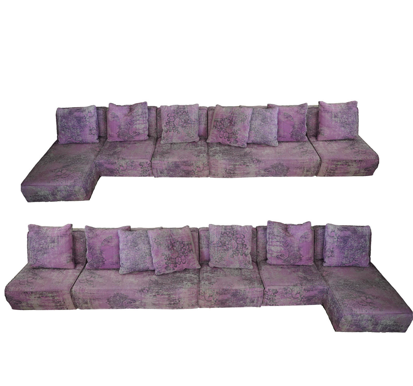 SECTIONAL SOFA: manufacturer's tag "Made by G. Romano" and "Made in Canada"; comprising four sections: one 63 inches wide, 40 inches deep; two 33 inches wide, 40 inches deep; and one 33 inches wide, 60 inches deep; e