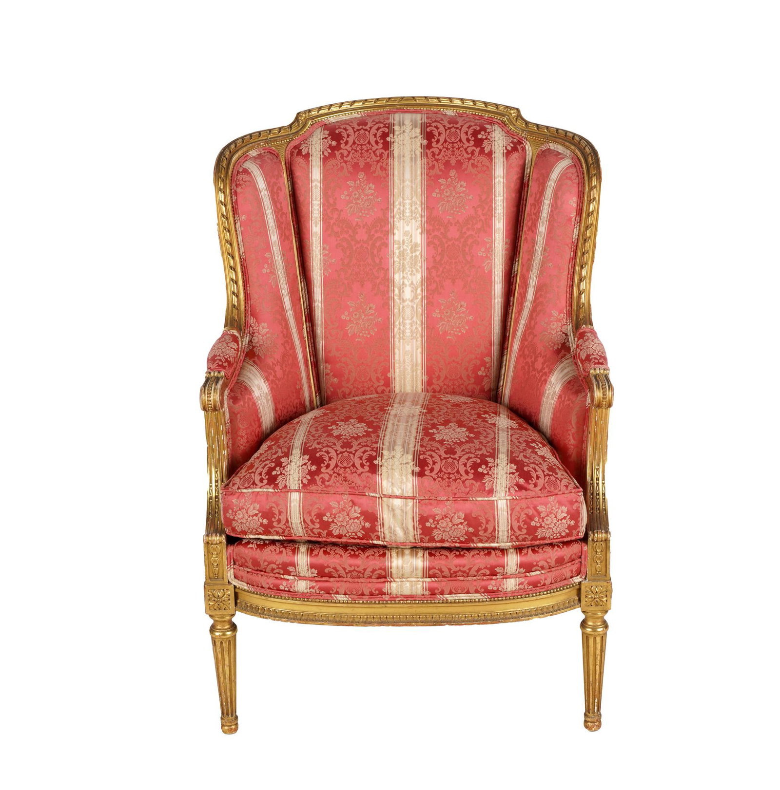 LOUIS XVI-STYLE GILTWOOD BERGERE: covered with striped floral damask; 28 inches wide; 28 inches deep; 41 1/2 inches high; seat height: 23 inches