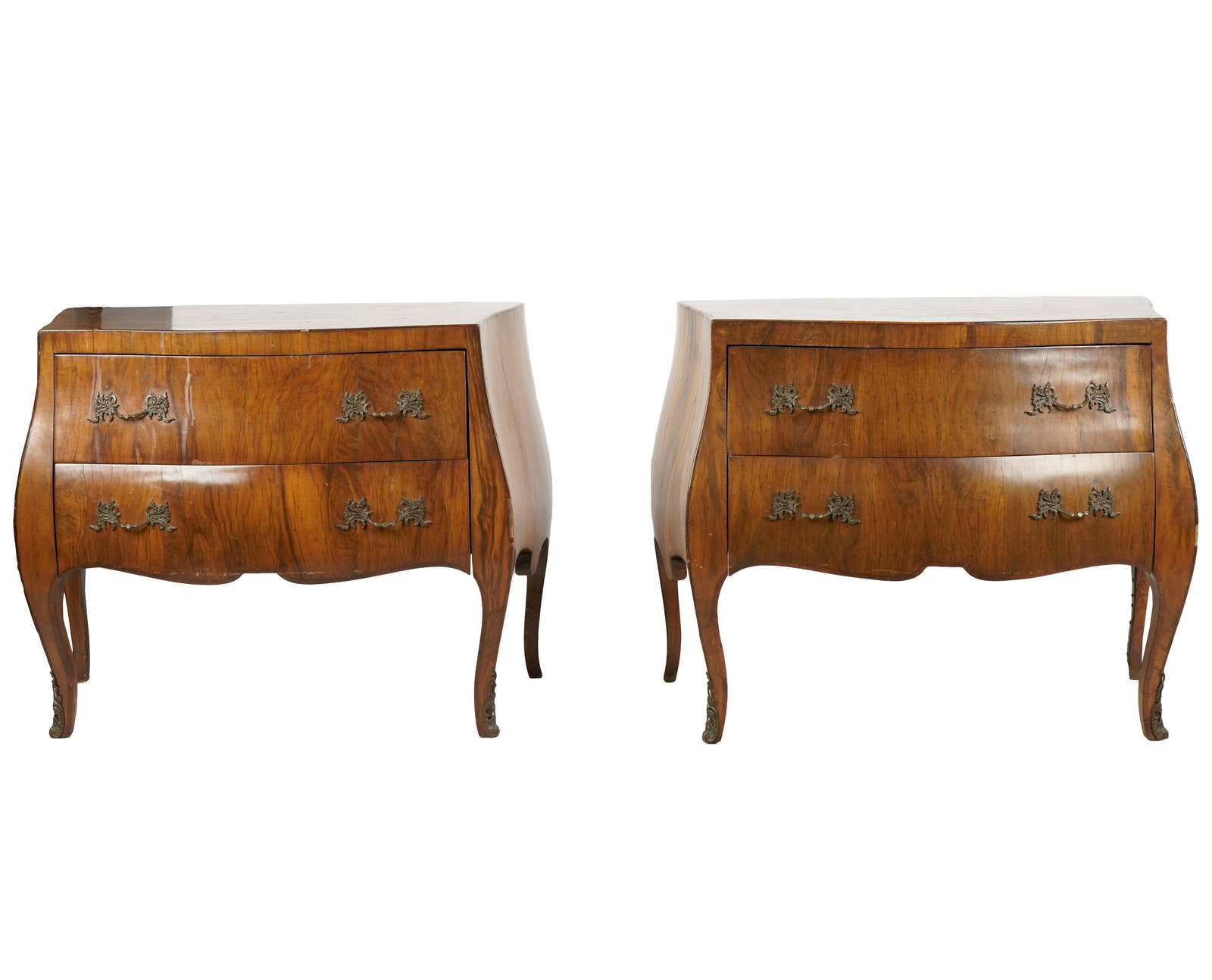 PAIR OF ITALIAN WALNUT-VENEER COMMODES: 20th century; each with two drawers; Provenance: The Estate of Carol Mae Fries, Ojai, California; 34 inches wide; 16 inches deep; 29 inches high