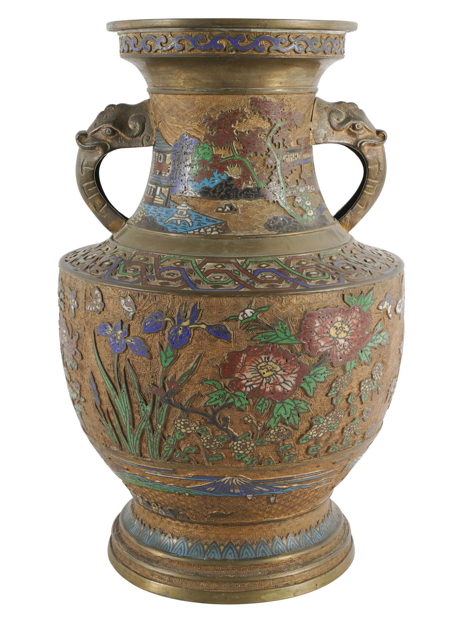 JAPANESE CHAMPLEVE BRONZE URN: unmarked; with two handles; Provenance: A Cherokee Lane, Trousdale Estates, Beverly Hills Collection; 13 inches diameter; 19 1/4 inches high