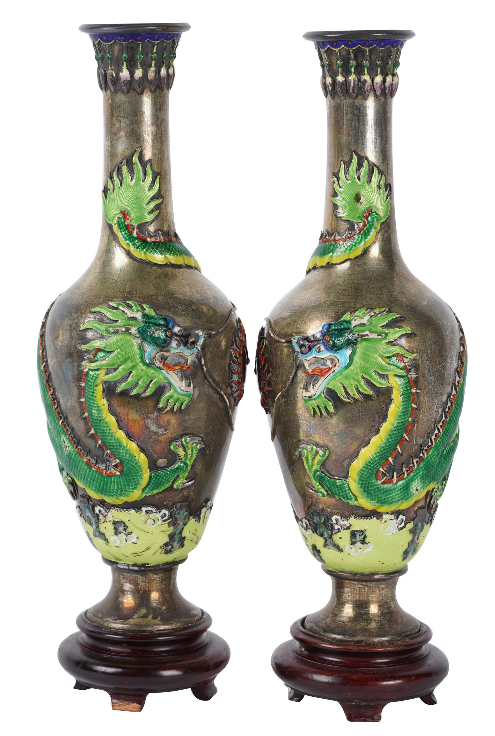 PAIR OF JAPANESE SILVER & CLOISONNE VASES (1 of 14)