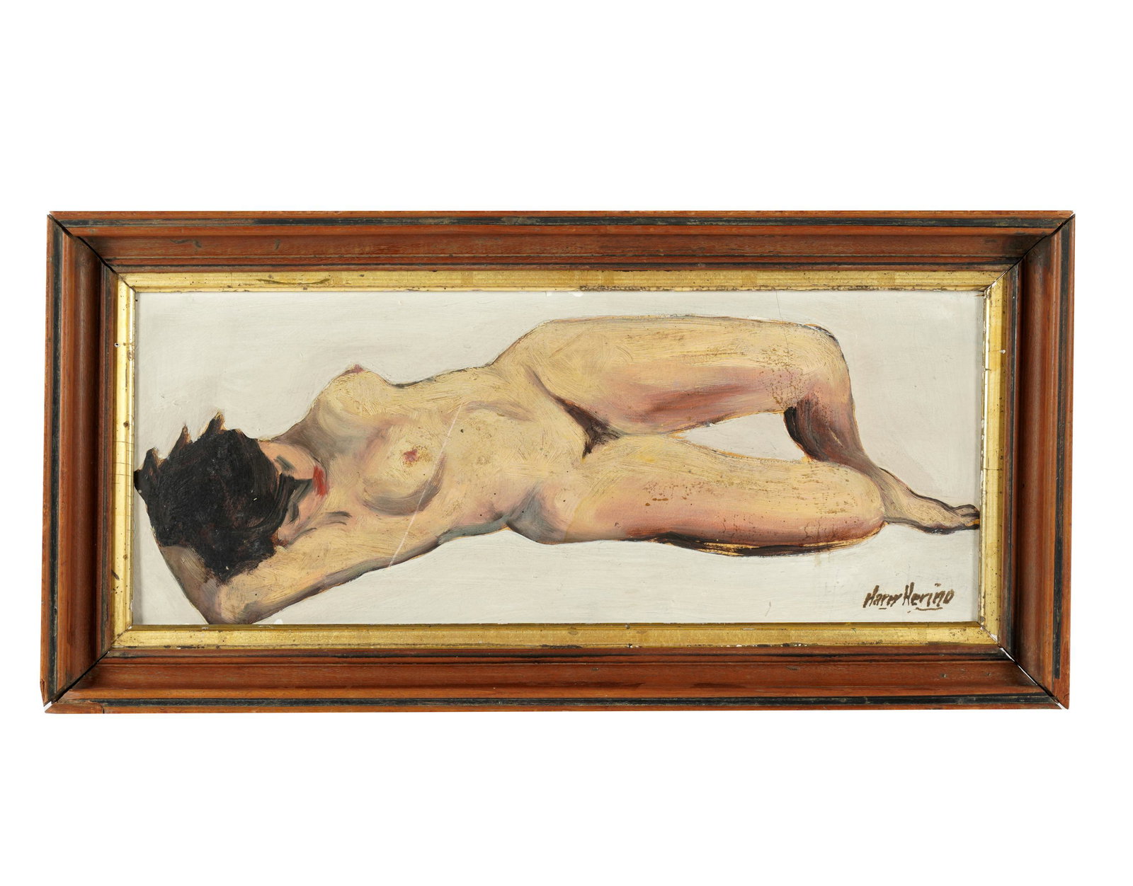 HARRY HERING (1887 - 1967); RECLINING NUDE: oil on board; signed lower right; 8 1/2 x 21 inches; 12 x 24 1/2 inches frame