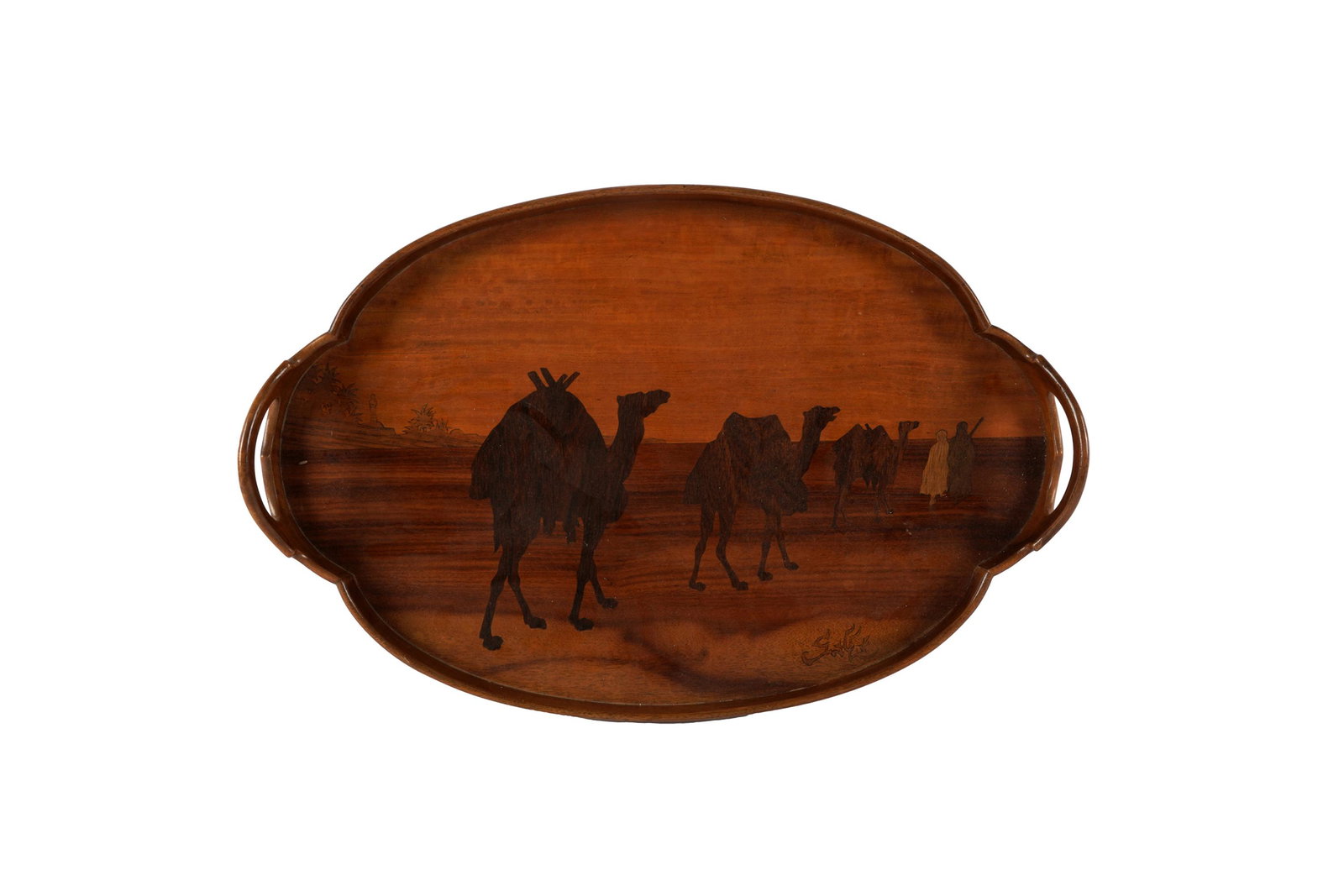GALLE MARQUETRY TRAY: signed; depicting camels; Provenance: The Estate of James and Lois Garner; proceeds will benefit Childrenâ€™s Hospital Los Angeles and World Wildlife Fund; 19 inches wide; 12 3/4 inches deep; 2 1
