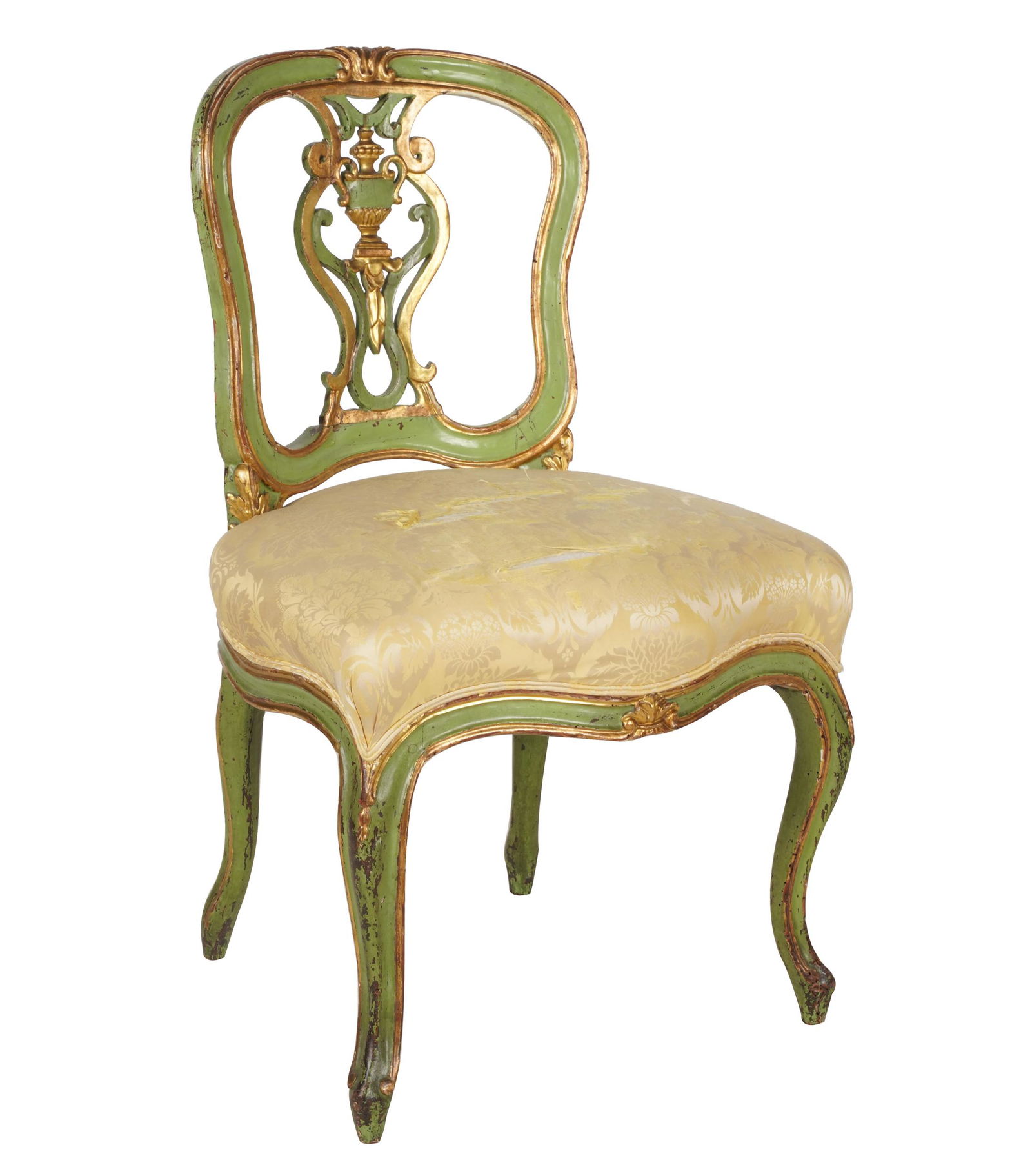 VENETIAN ROCOCO-STYLE PAINTED & GILT CHAIR: silk-upholstered seat; Provenance: The Jim Belushi Collection, a Michael Smith Installation; Condition: tears to silk; 21 inches wide; 19 inches deep; 34 inches high; seat height: 19 inches