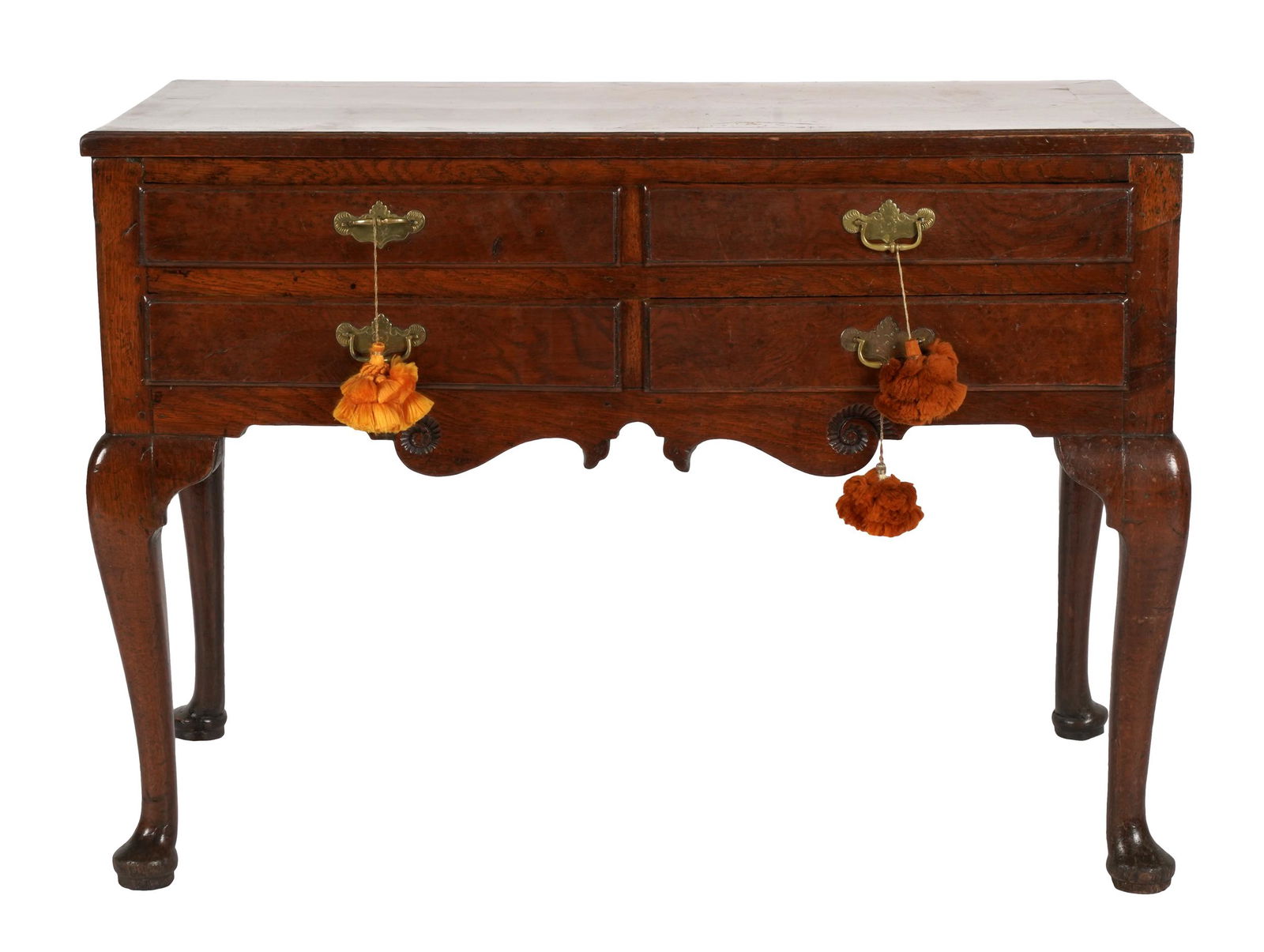 QUEEN ANNE-STYLE MAHAGONY LOWBOY: Condition: repairs and slight warping to veneer on top; Provenance: The Estate of James and Lois Garner; proceeds will benefit Childrenâ€™s Hospital Los Angeles and World Wildlife Fund; 37 1/2 in