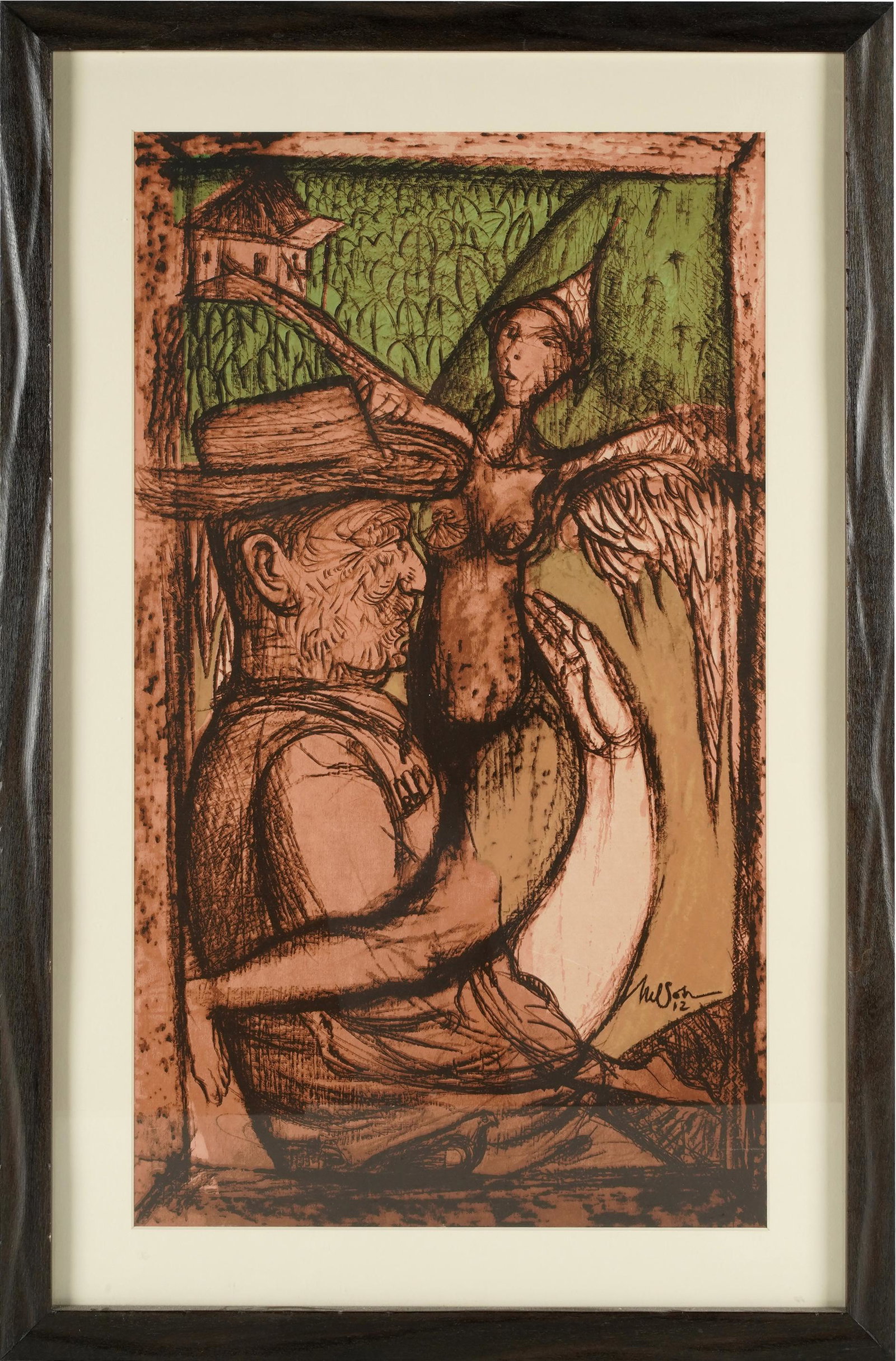 21ST CENTURY: MAN WITH WINGED FIGURE: 2012; colors on paper; signed and dated lower right "Nelson 12"; Provenance: The Jim Belushi Collection, a Michael Smith Installation; 25 x 14 1/2 inches sight; 31 1/2 x 20 1/2 inches frame