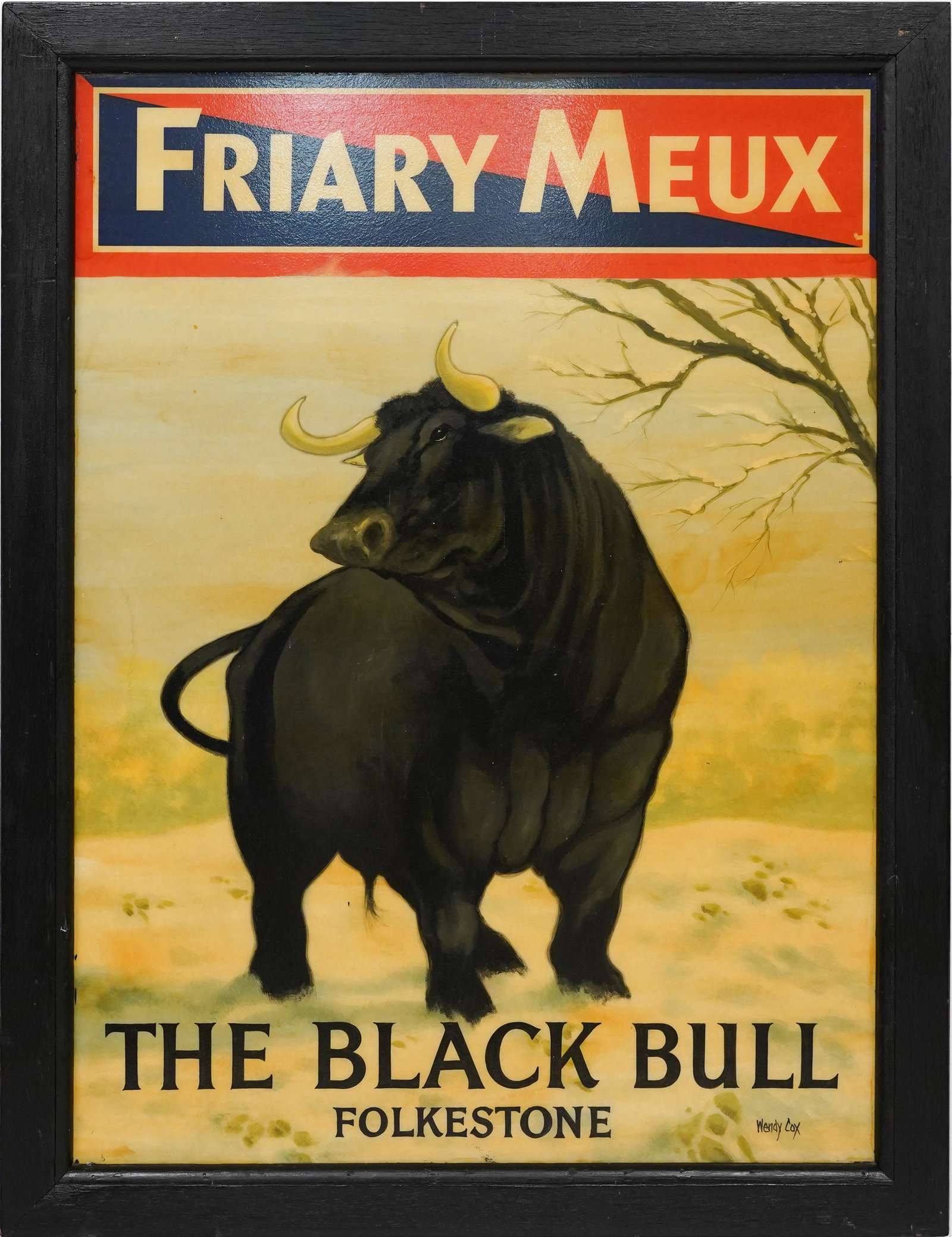 DON RICKLES WENDY COX "FRIARY MEUX/ THE BLACK BULL": lacquered lithograph poster; signed lower right; 43 x 30 inches; 48 x 36 inches frame
