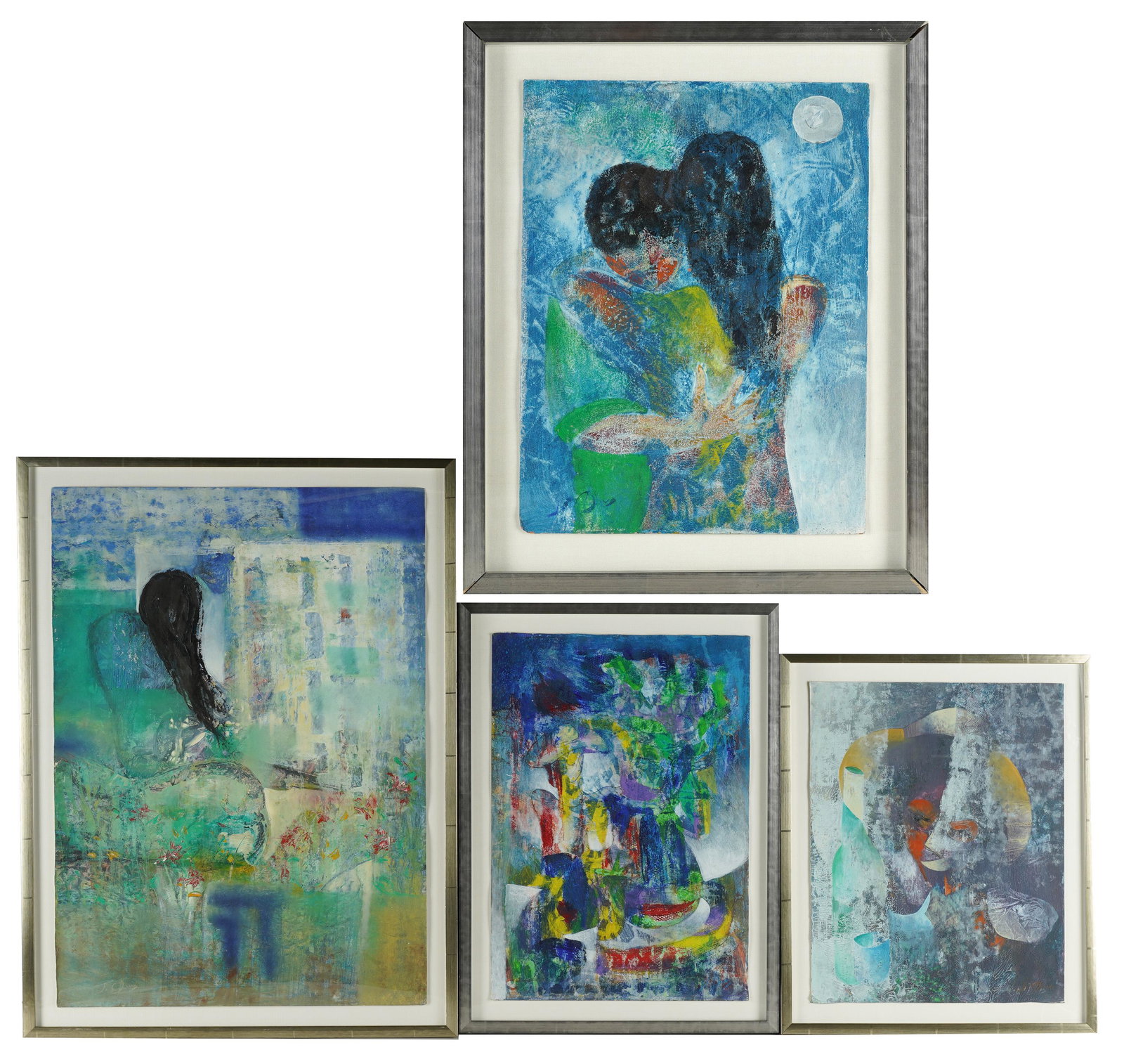 GROUP OF FOUR ASIAN-STYLE PAINTINGS: each mixed media on paper; two signed "JC Davy"; Provenance: The Jim Belushi Collection, a Michael Smith Installation; ranging from 13 x 9 1/2 inches to 27 x 20 inches