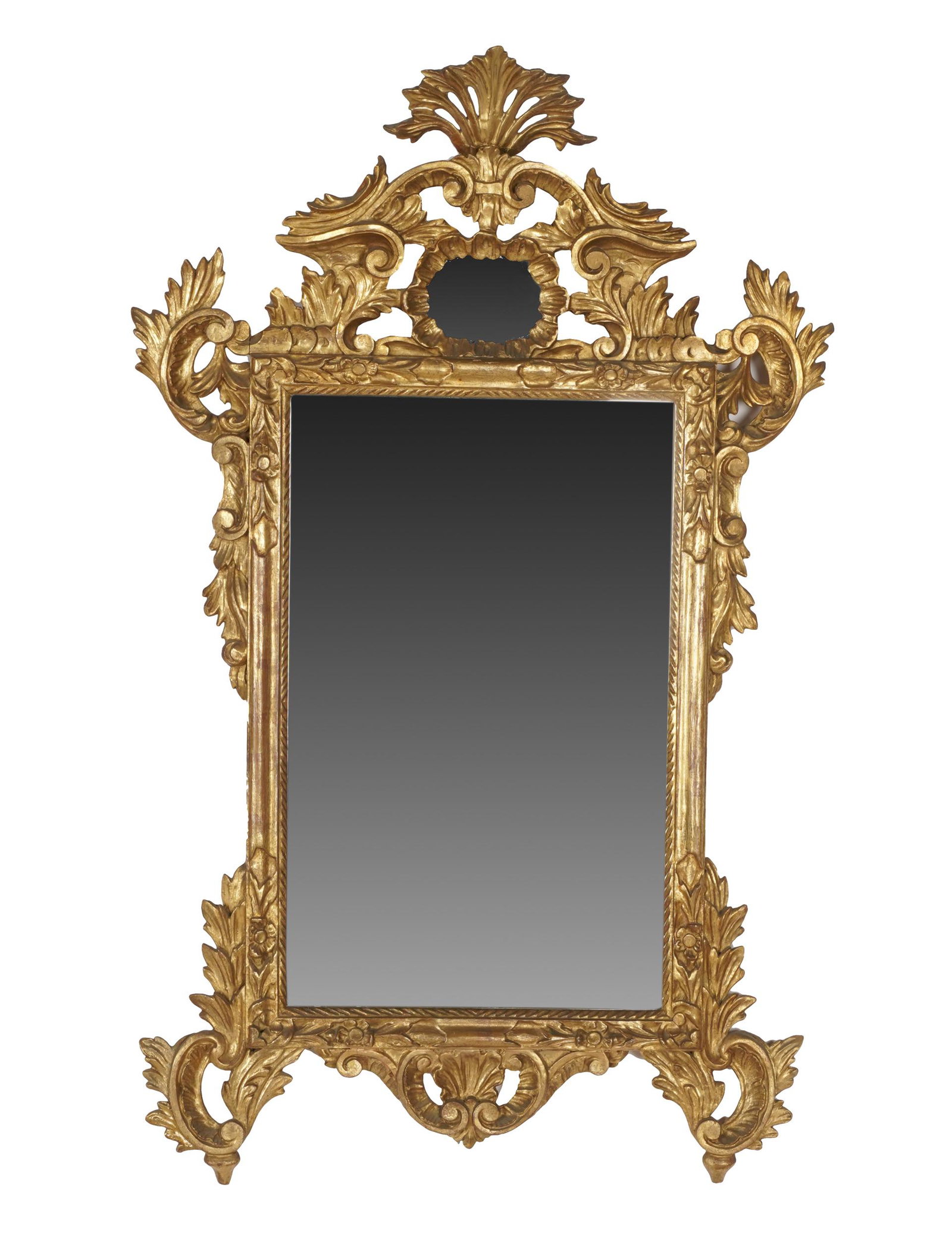 BAROQUE-STYLE GILTWOOD WALL MIRROR: Condition: repairs and regilding throughout; 38 1/2 x 24 inches