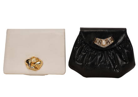 TWO MARTIN VAN SCHAAK LIZARD SKIN HANDBAGS: the white lizard with faux pearl magnetic clasp, gold, and white removable enamel chain, and leather lining with two pockets (7 3/4 in. wide; 6 in. deep; 2 in. high; 18 in. drop); the other, a black l