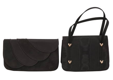 TWO MARTIN VAN SCHAAK HANDBAGS: a black grosgrain top handle bag with rhinestone embellishments, magnetic closure, satin lining, and two pockets (8 1/4 in. wide; 6 1/2 in. deep; 1 3/4 in. high; 6 in. drop); the other, a satin and mi