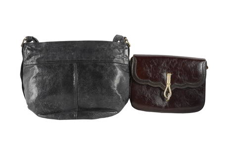 TWO MARTIN VAN SCHAAK HANDBAGS: the first: black lizard skin with cream leather lining and zip-top (14 inches wide; 6 inches deep; 10 inches high; 14-inch drop); the second: brown leather with brown snake trim and brown leather lini