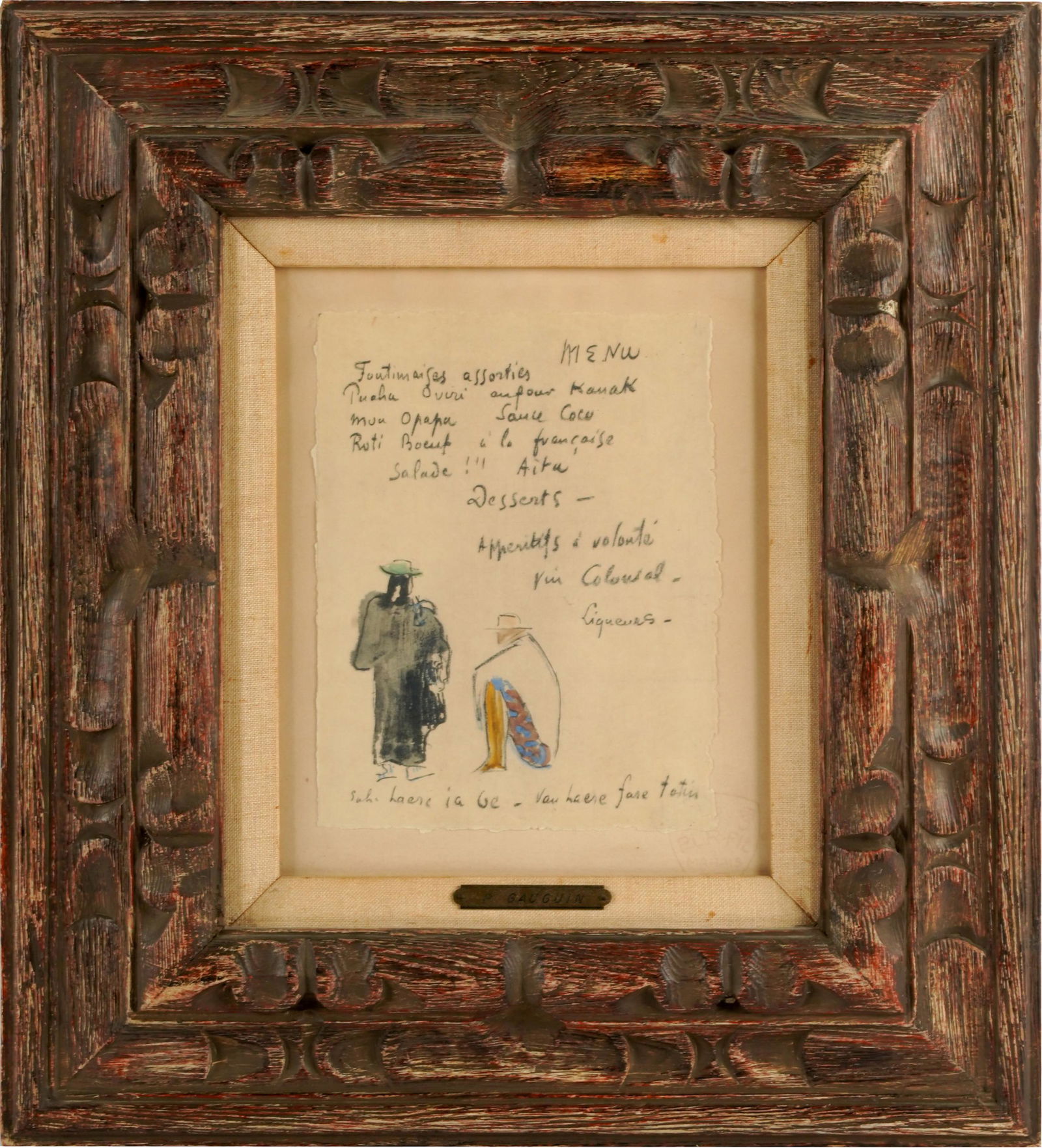 AFTER PAUL GAUGUIN: MENU: color pochoir; unsigned; 11 1/2 x 9 1/2 inches; 18 x 16 inches frame