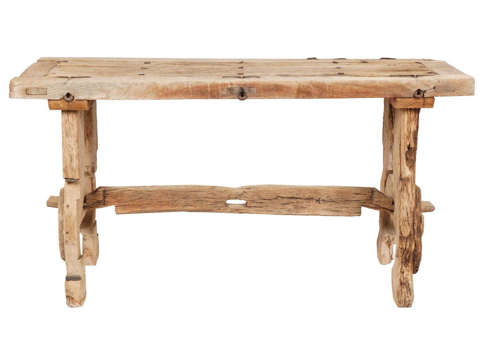 SALVAGED WOOD SIDE TABLE: with iron nails and brackets; 60 inches wide; 20 3/4 inches deep; 32 inches high