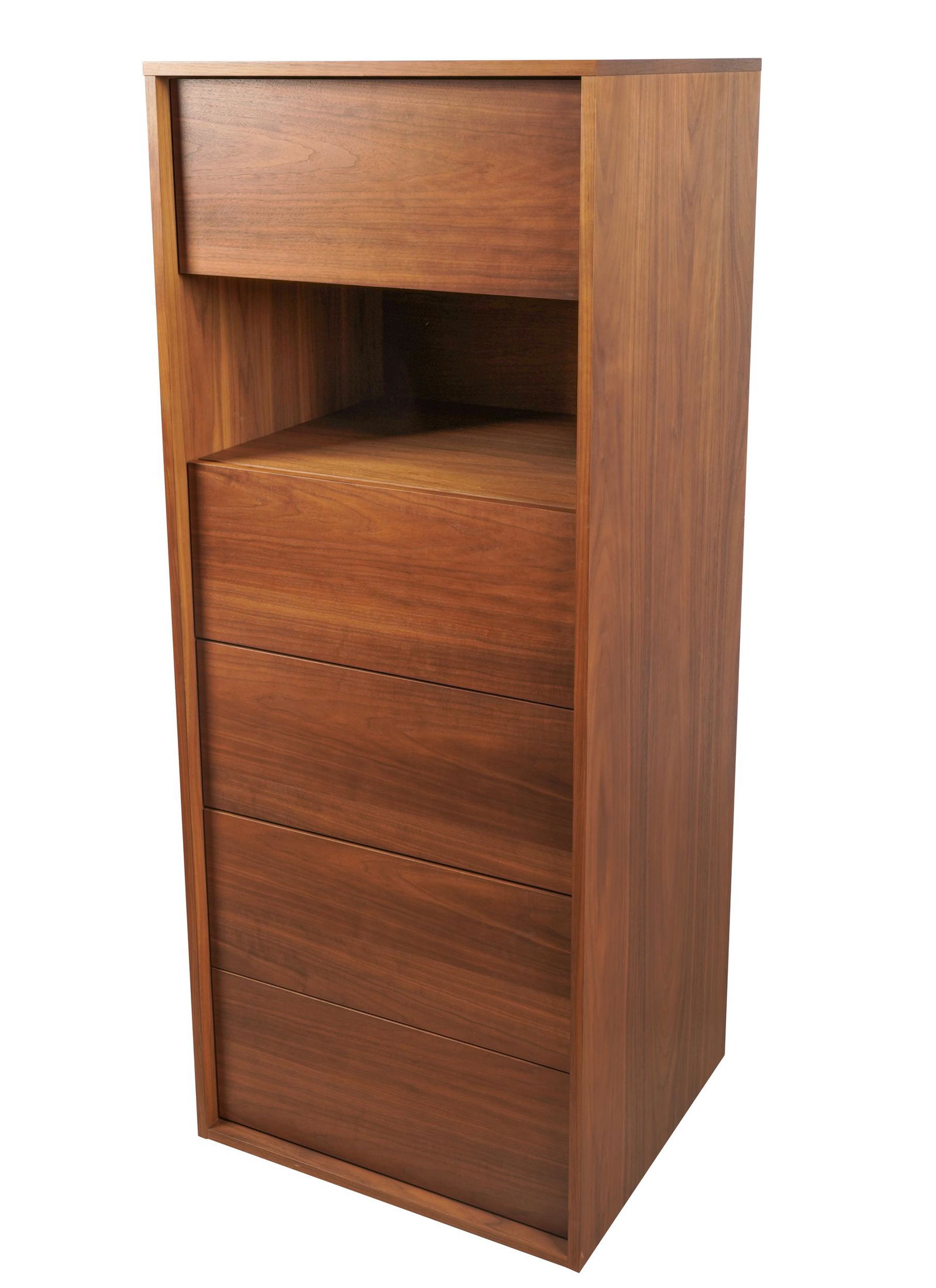 DESIGN WITHIN REACH TALL CHEST OF DRAWERS: with label to top drawer interior "Designed by Jeffrey Bernett and Nicholas Dodziuk for Design Within Reach"; walnut and walnut veneer; Provenance: Private Estate, Pacific Palisades, CA; 22 inches wid