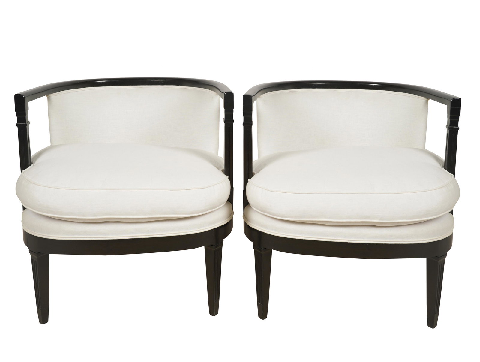PAIR OF EBONIZED WOOD ARMCHAIRS: contemporary; unsigned; covered with white linen fabric; 25 inches wide; 24 inches deep; 26 inches high; seat height: 17 inches
