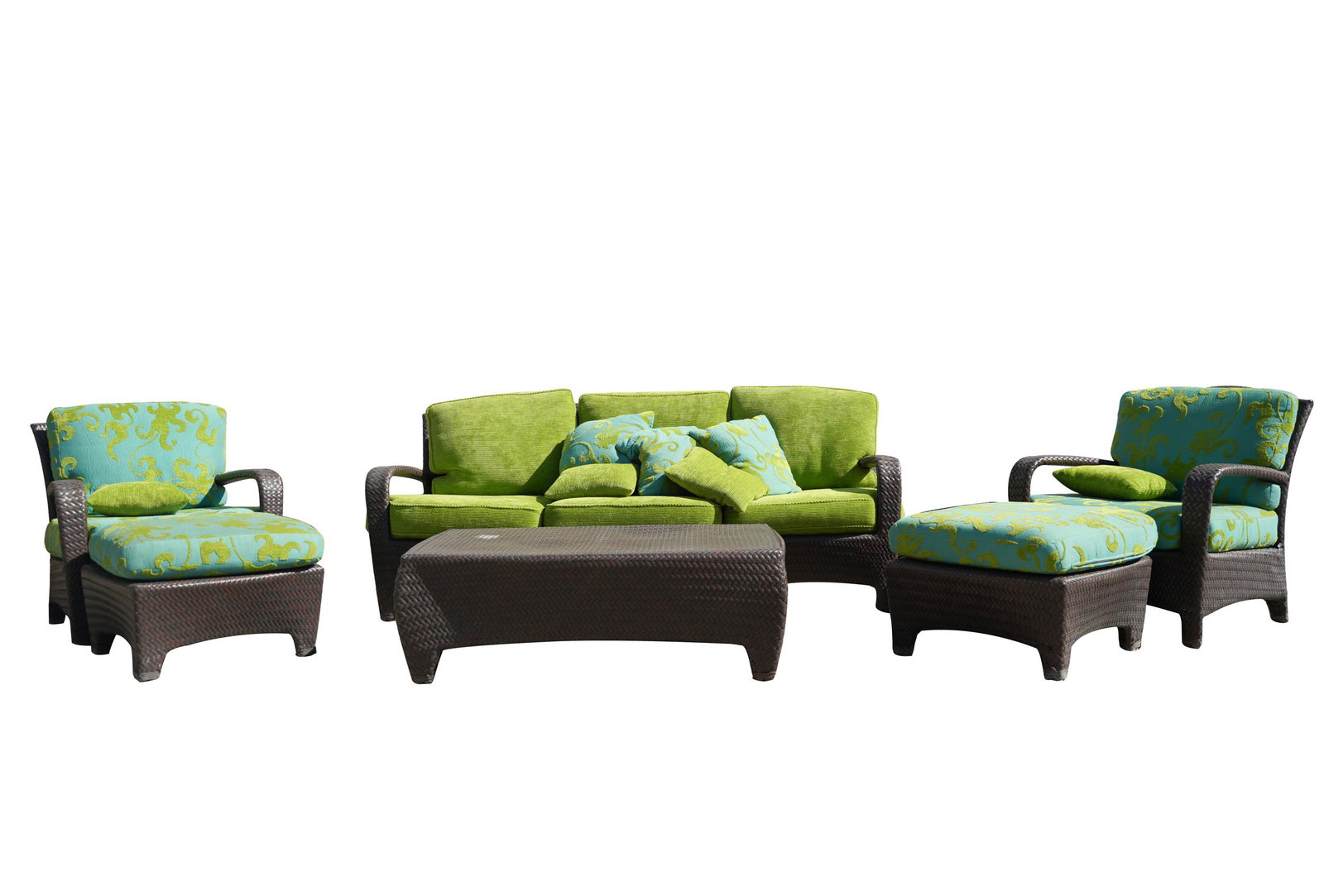 PATIO SET: unsigned; comprising one sofa (79 inches wide; 32 inches high; seat height: 17 1/2 inches), two open armchairs (33 inches wide; 35 inches high; seat height: 18 inches), and one occasional table (18 in