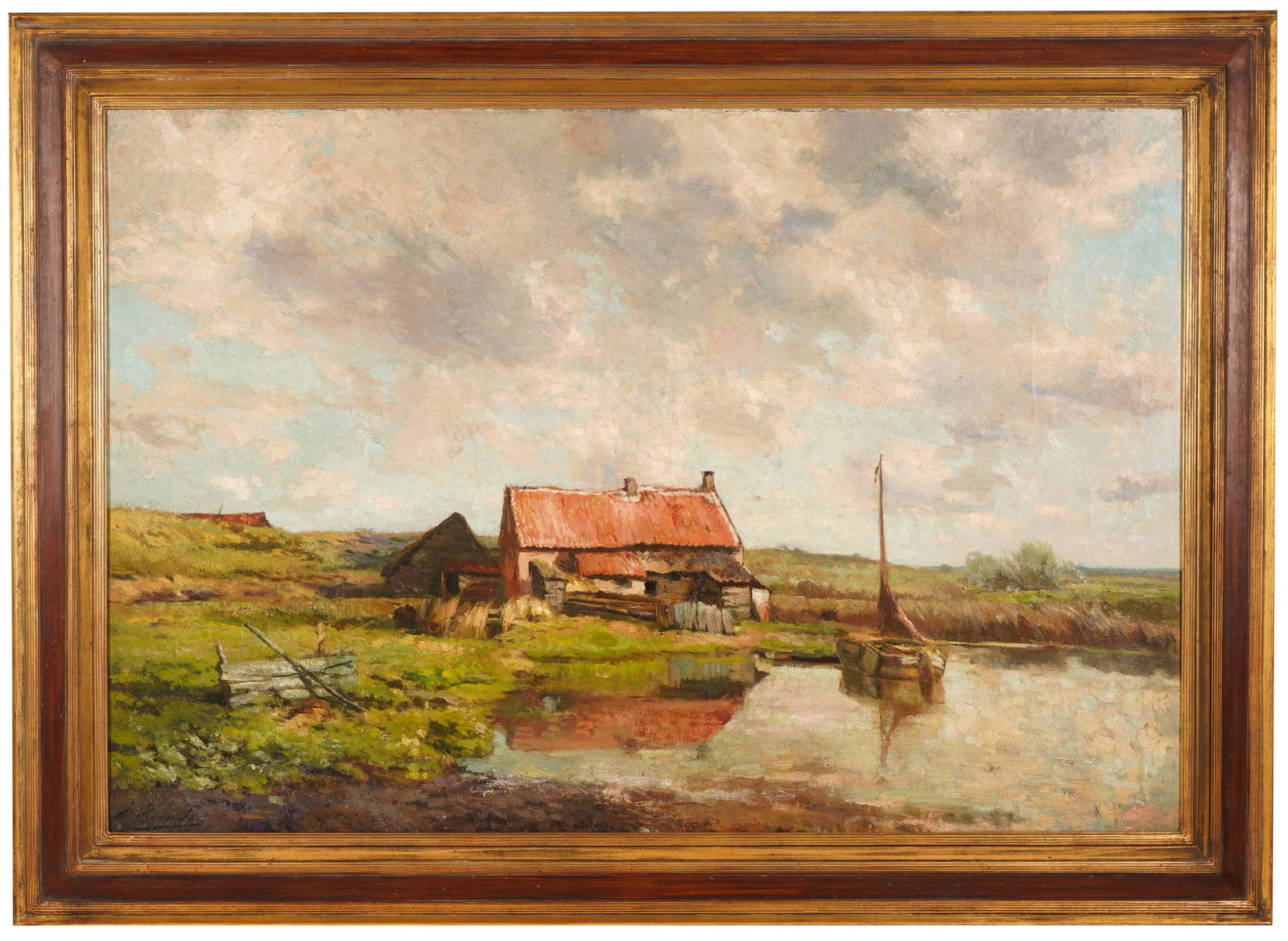 CONTINENTAL SCHOOL: SAILBOAT: oil on canvas; signed lower left; 40 x 60 inches; 50 x 69 inches frame