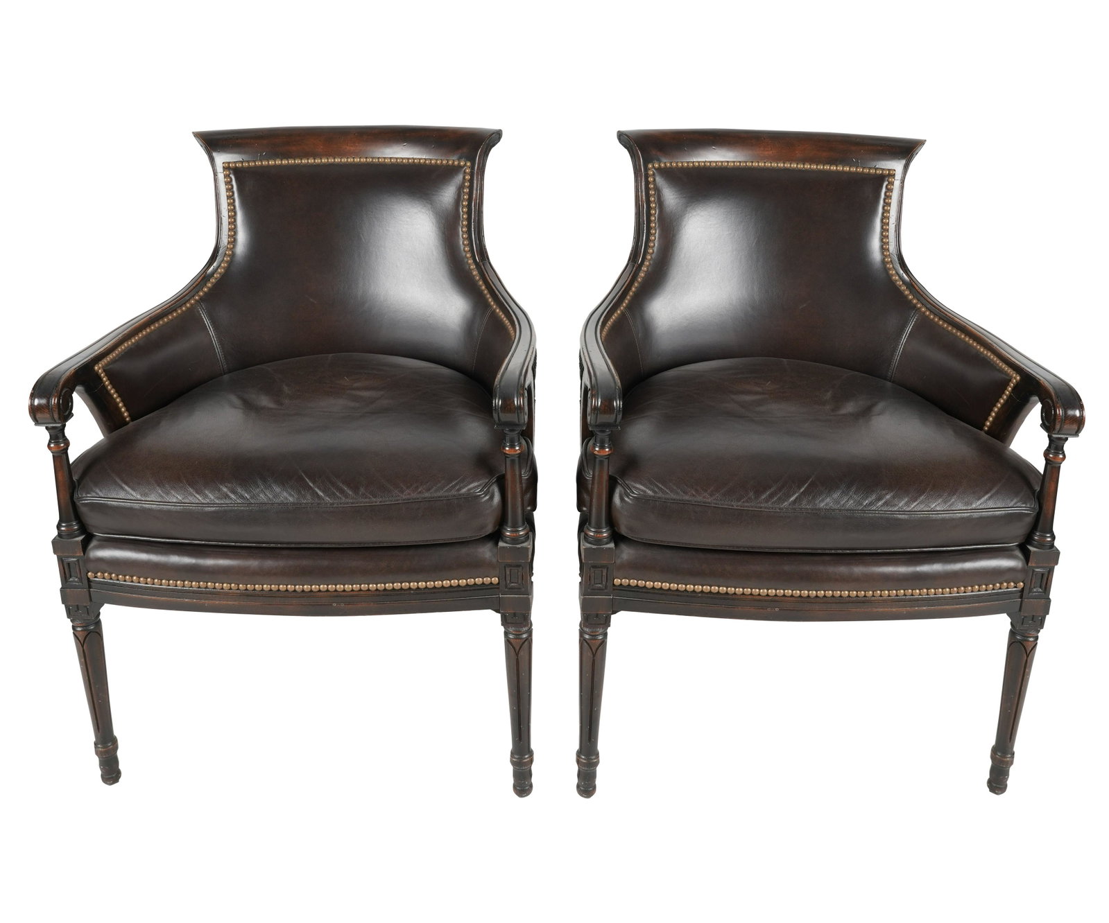 PAIR OF LOUIS XVI-STYLE BROWN LEATHER BERGERES: Leather Master label to seats; with double-caned arm supports; 36 1/2 inches wide; 26 inches deep; 37 inches high; seat height: 20 inches