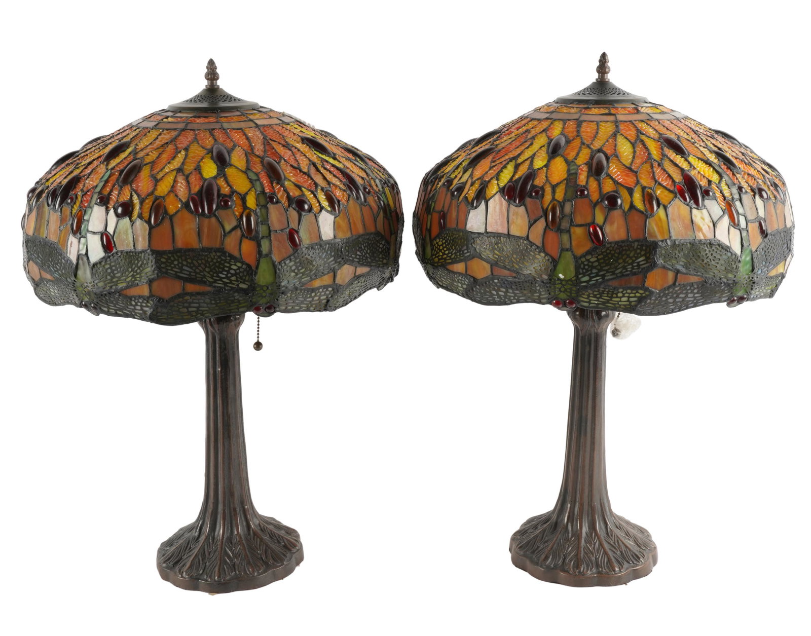 PAIR OF LEADED GLASS TABLE LAMPS: modern reproductions; Provenance: The Estate of Barbara Beretich, Artist and Collector of Art, Claremont, CA; each shade: 17 1/2 inches diameter; 9 inches high; 24 total inches high