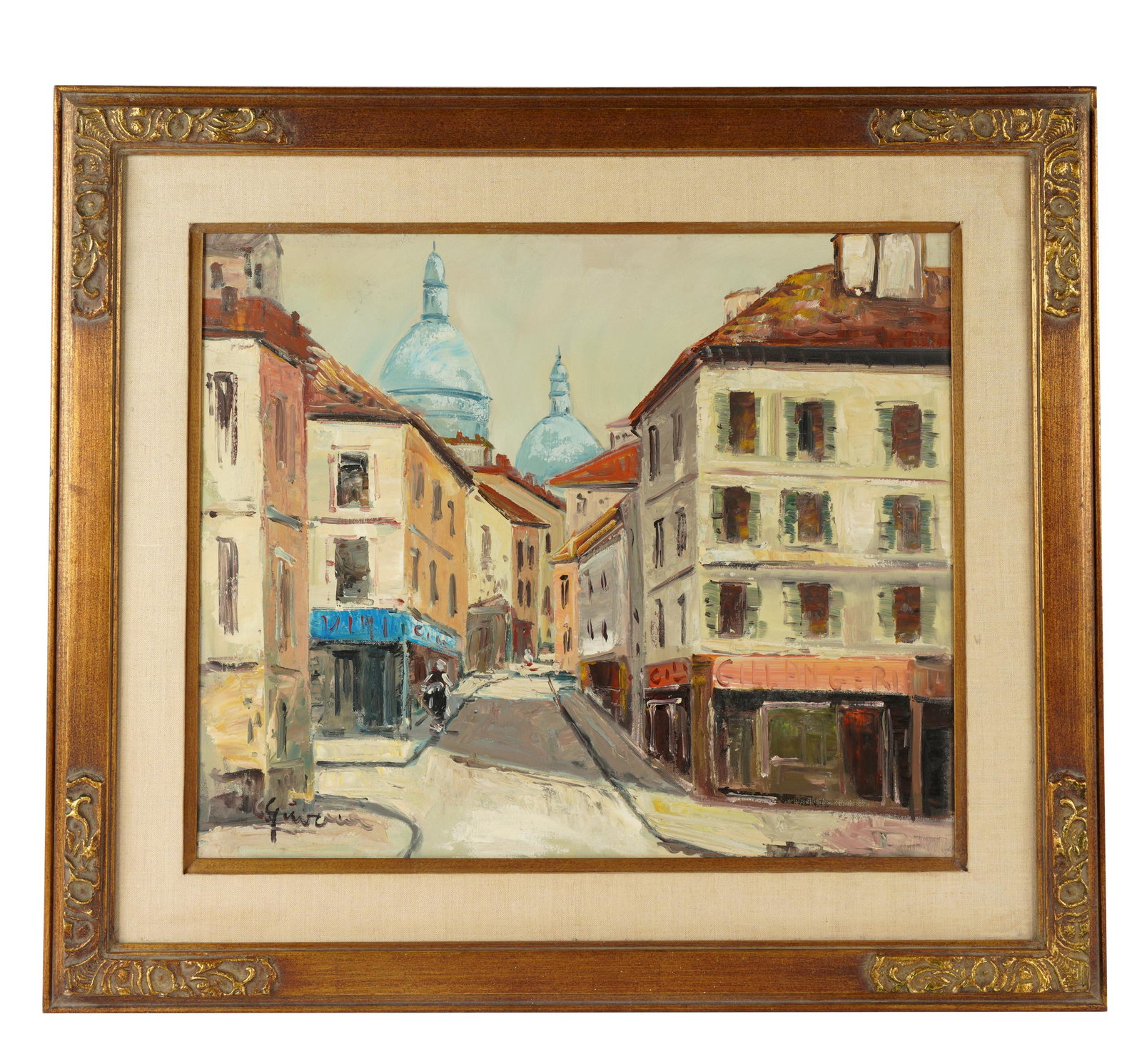 20TH CENTURY: PARISIAN STREET: 1965; oil on canvas; signed "Guerin" lower left; signed again, inscribed "Paris" and dated verso; 20 1/4 x 24 inches; 29 x 32 3/4 inches frame