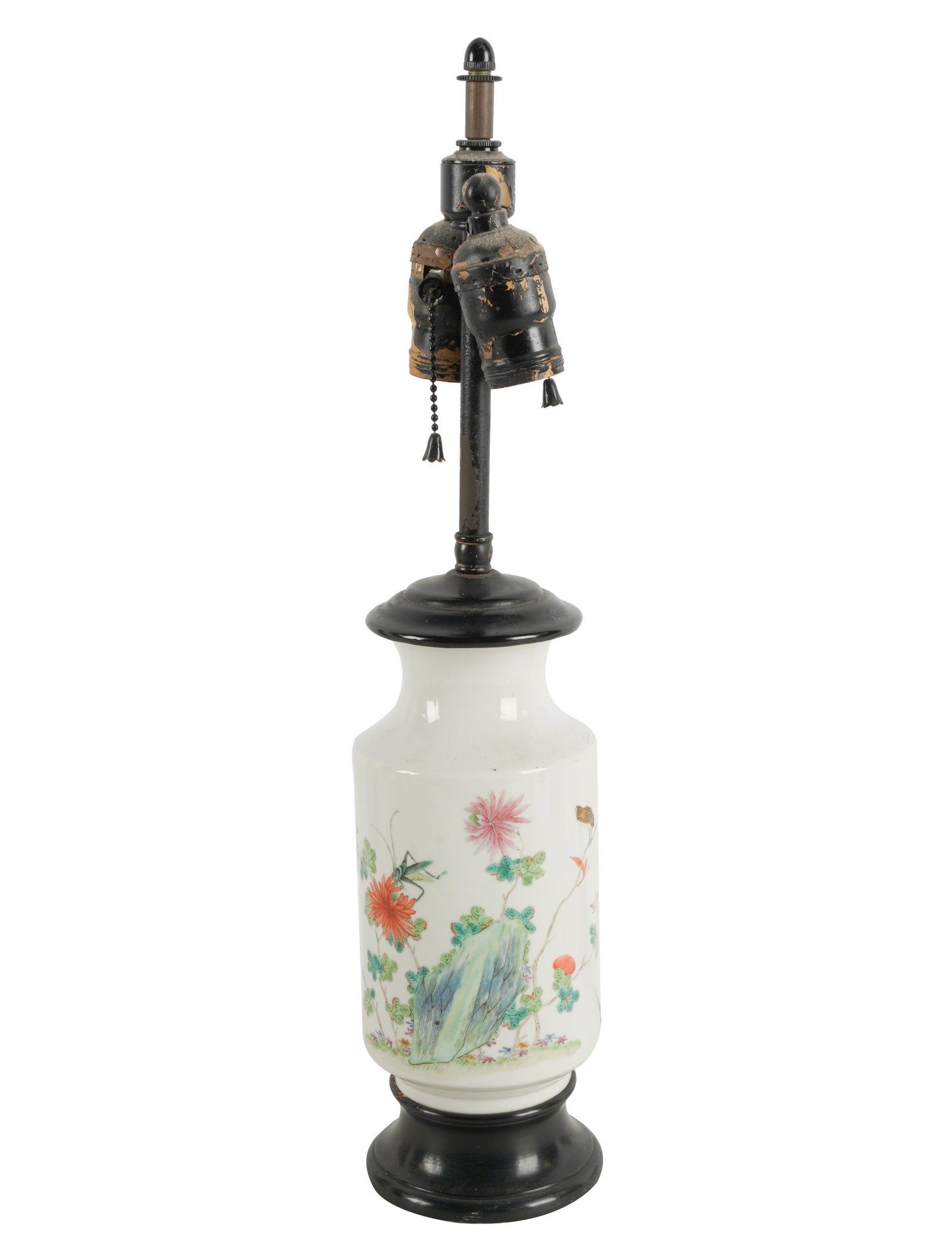 CHINESE PORCELAIN VASE: mounted as a table lamp; Condition: working condition untested and unknown; no shade; the vase: 9 inches high; overall: 20 inches high
