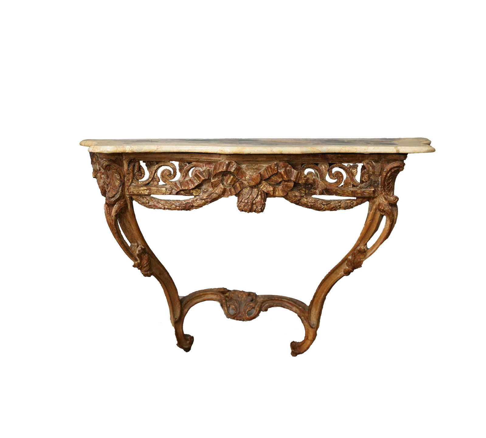 GILTWOOD MARBLE TOP CONSOLE: Condition: in two parts; with repairs to legs and throughout; 55 1/4 inches high; 44 1/2 inches deep; ???? high