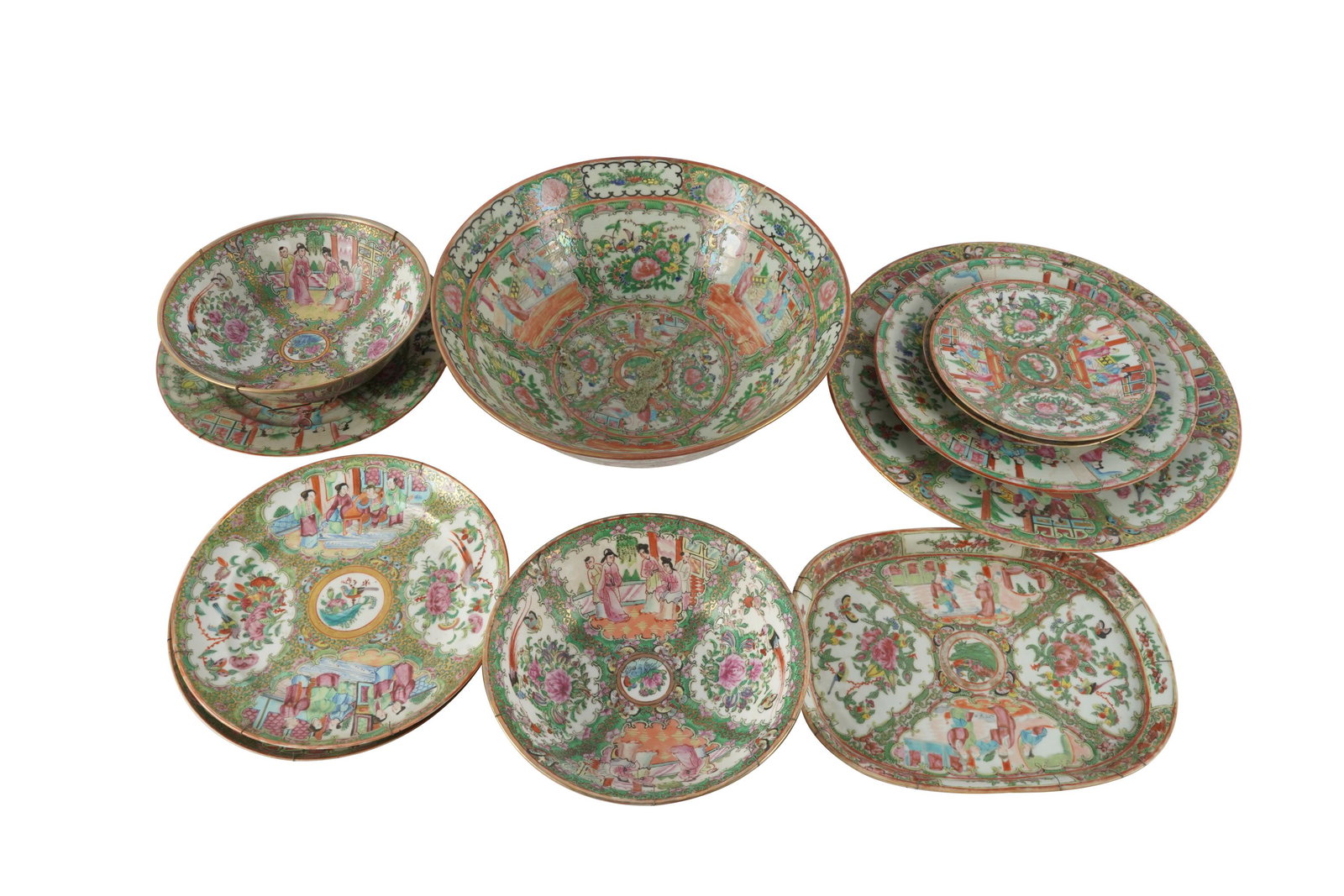 COLLECTION OF CANTON FAMILLE ROSE PORCELAIN: variously decorated, most unmarked; comprising a bowl (13 1/2" dia., 5" high); two bowls, each with six-character mark (8 3/4" dia, 3" high); a charger (13 3/4 inches diameter); a soup plate (10" dia.