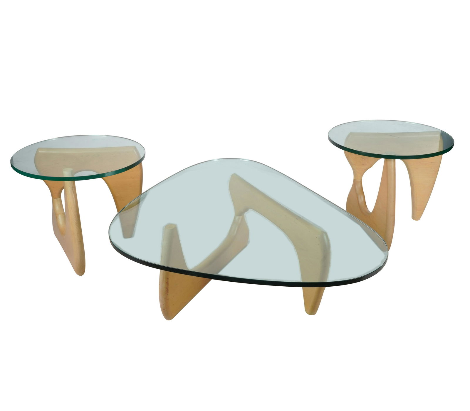 NOGUCHI-STYLE COFFEE TABLE & TWO END TABLES: glass and wood; the coffee table with triangular top (50 inches wide; 36 1/2 inches deep; 15 1/2 inches high); each end table with round top (24 inches diameter; 19 1/2 inches high)