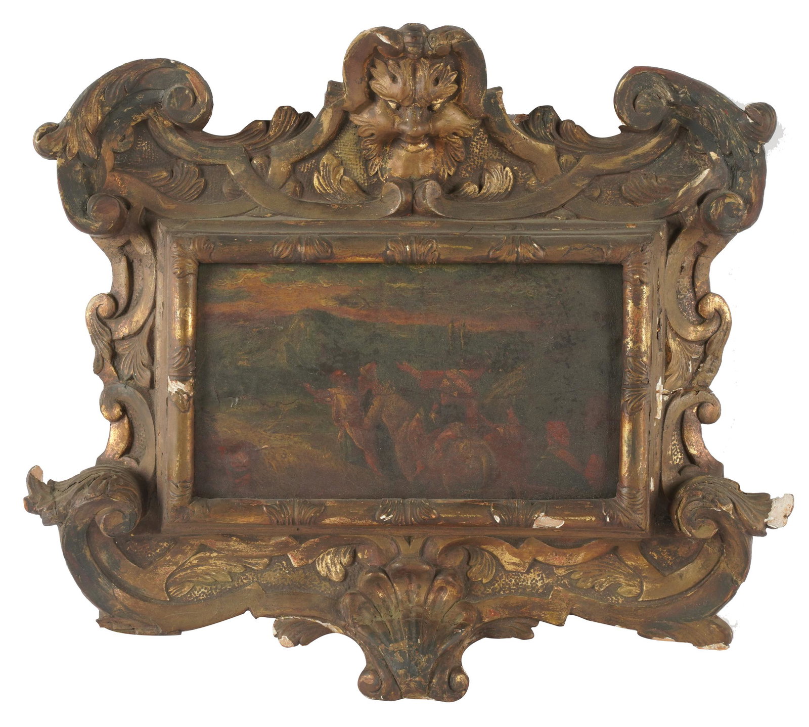 CONTINENTAL SCHOOL: PROCESSION: oil on wood panel; Condition: heavy wear, cracks, and alligatoring throughout; losses to frame; 5 1/2 x 9 1/2 inches; 14 1/2 x 16 1/2 inches frame