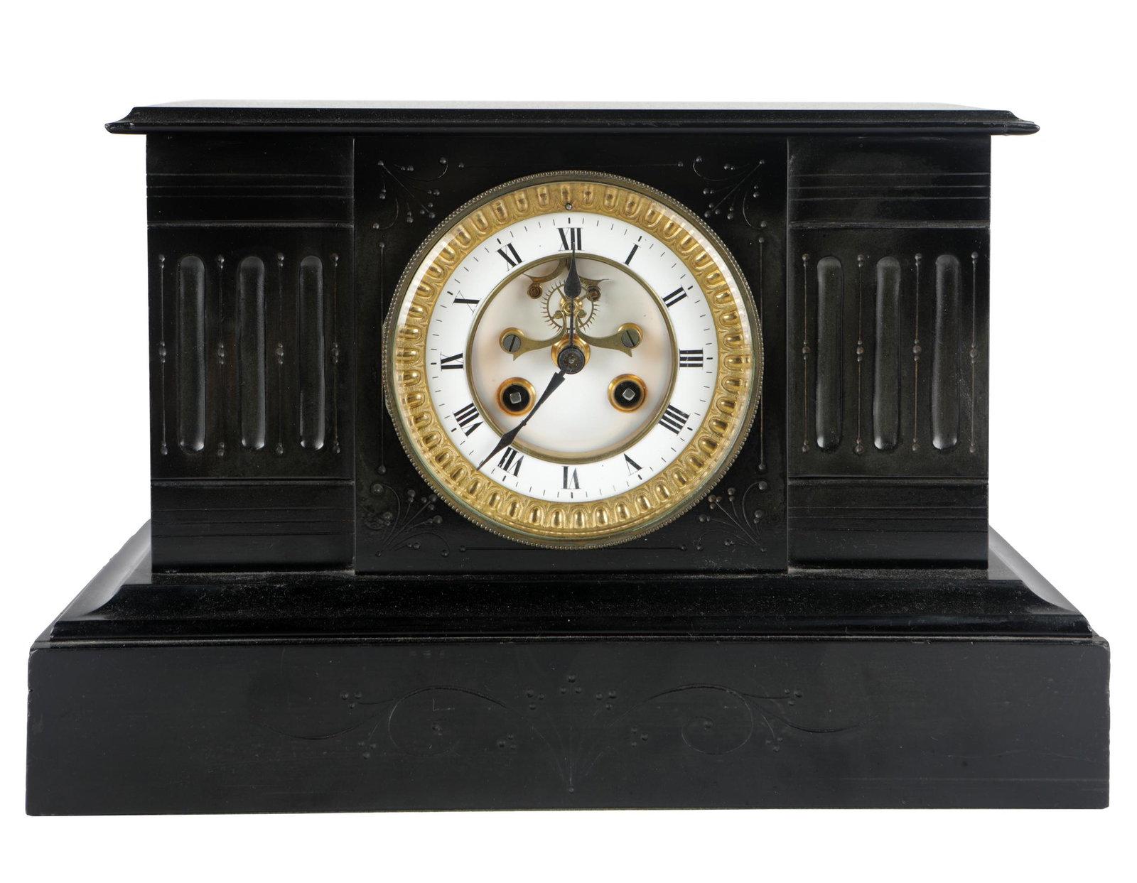SLATE MANTEL CLOCK: unsigned; 13 1/4 inches wide; 7 inches deep; 9 inches high