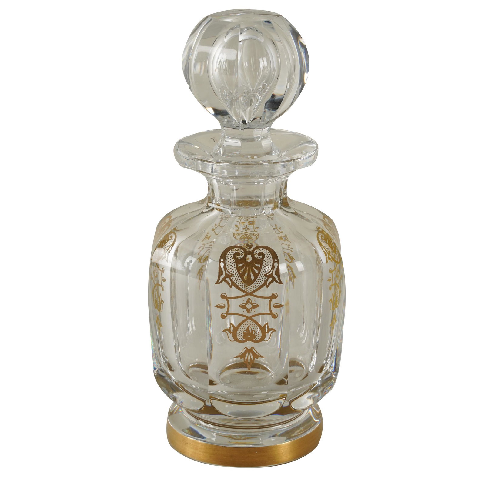 BACCARAT GILT CRYSTAL PERFUME BOTTLE: marked to underside; Condition: a chip to rim of foot; 6 1/2 inches high