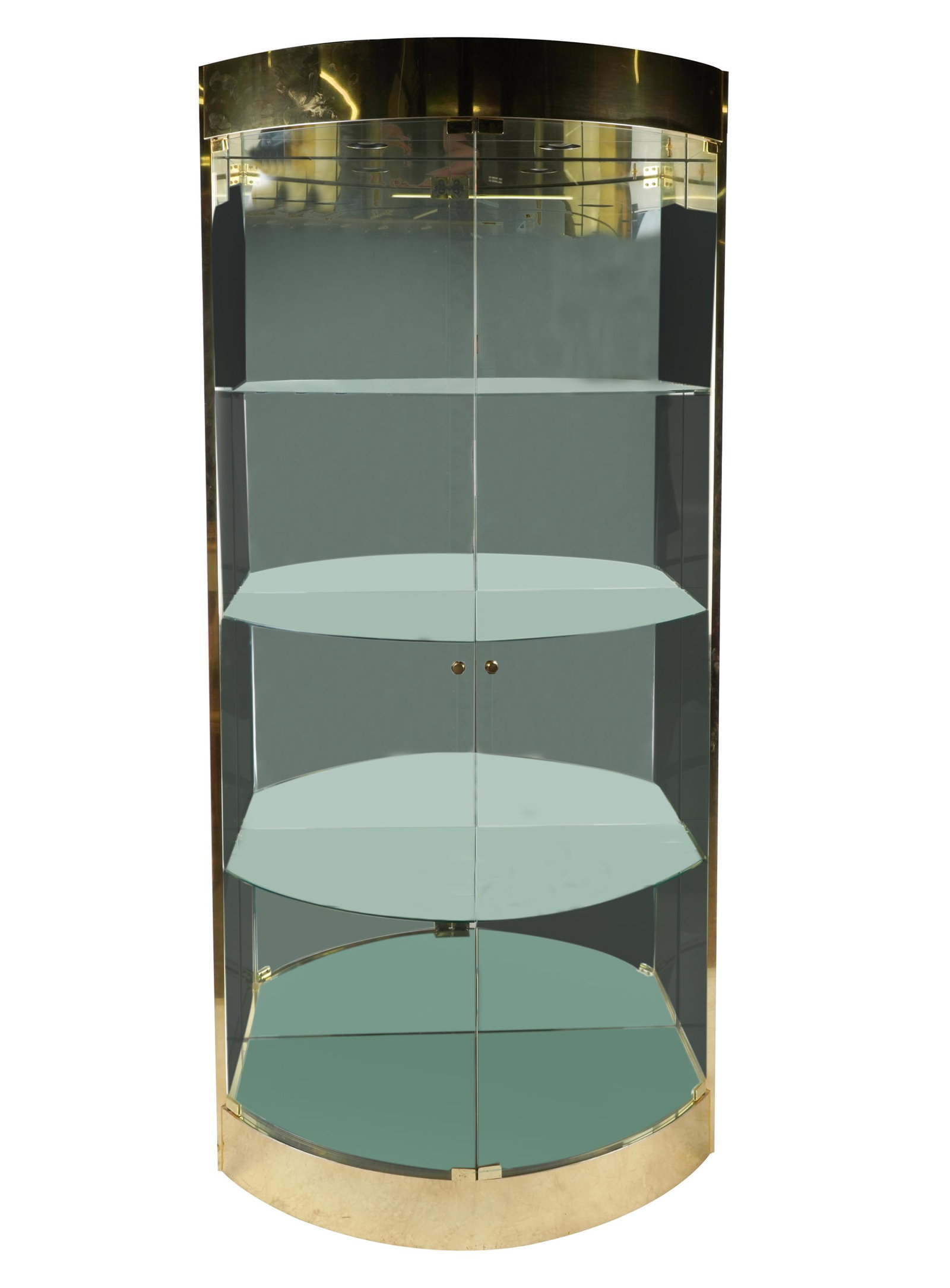 BRASS & GLASS DISPLAY CABINET: demilune, with mirrored interior and three glass shelves; 37 inches wide; 19 inches deep; 81 inches high