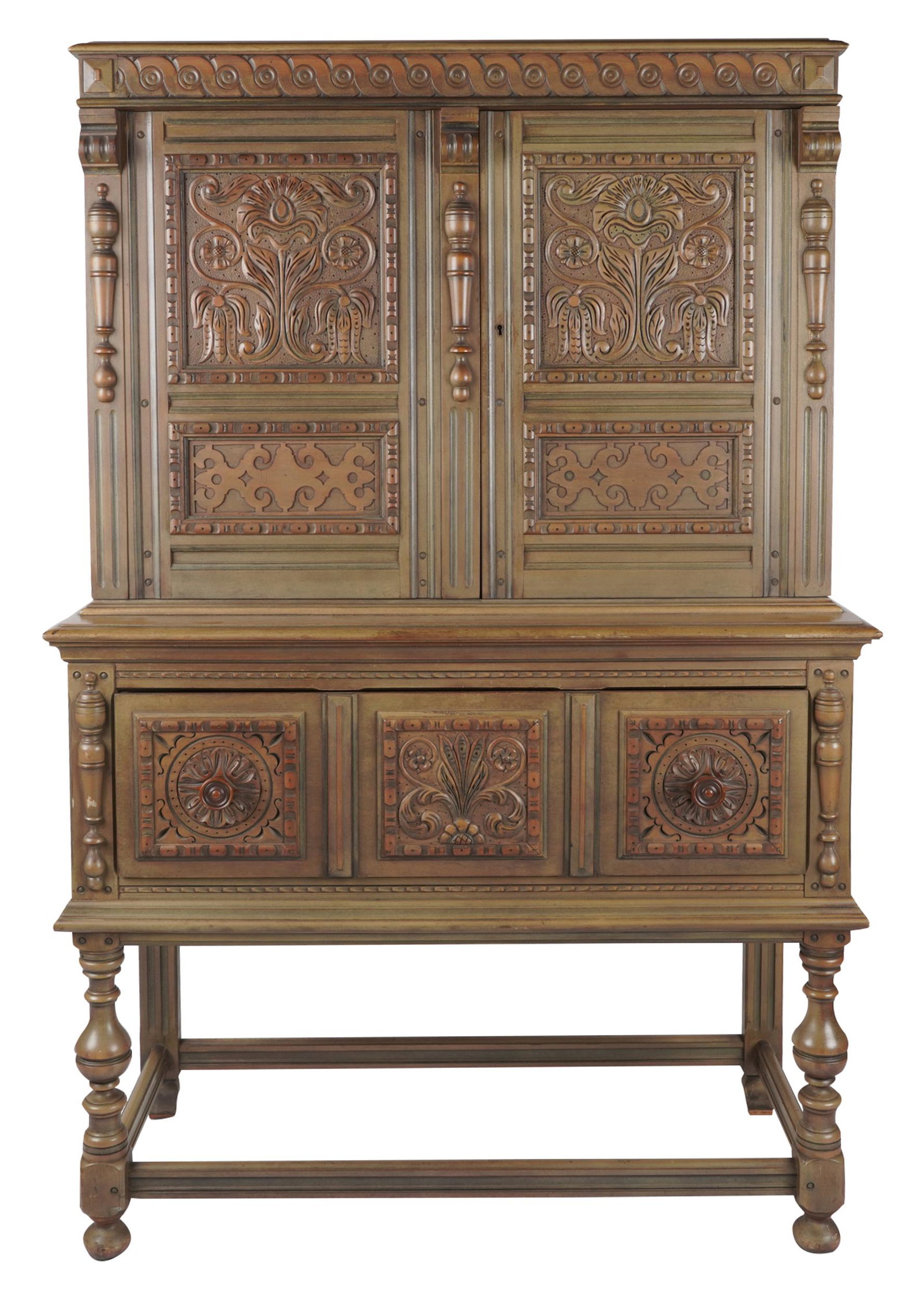BERKEY & GAY RENAISSANCE REVIVAL-STYLE CABINET: painted wood; with metal manufacturer's label; constructed in one piece; with key; 44 inches wide; 19 inches deep; 66 inches high