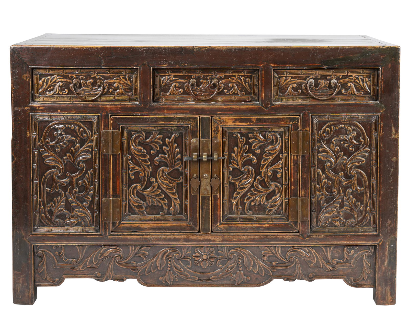 CHINESE CARVED WOOD CABINET: having three drawers over a pair of doors; 47 1/2 inches wide; 20 inches deep; 33 inches high