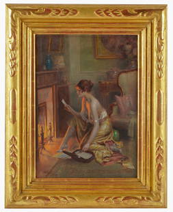 DELPHIN ENJOLRAS (1857 - 1945): WOMAN SEATED BY A FIRE: oil on canvas; signed lower left; 18 1/4 x 13 1/4 inches; 25 x 20 inches frame