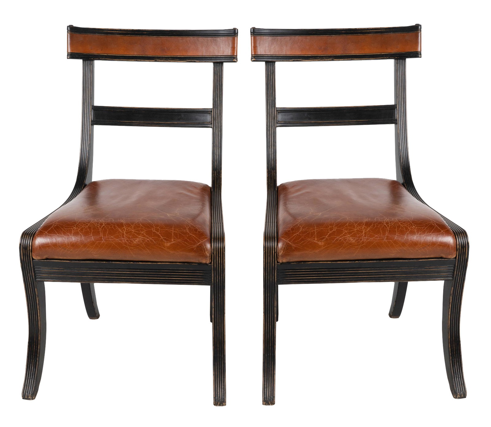PAIR OF NEOCLASSICAL-STYLE EBONIZED SIDE CHAIRS: modern; each with label "Vam Thiel and Co Artisanal Upholstery"; each modeled after a klismos, with leather-inset backrest over a leather seat; 20 1/2 inches wide; 19 inches deep; 37 1/2 inches high; 