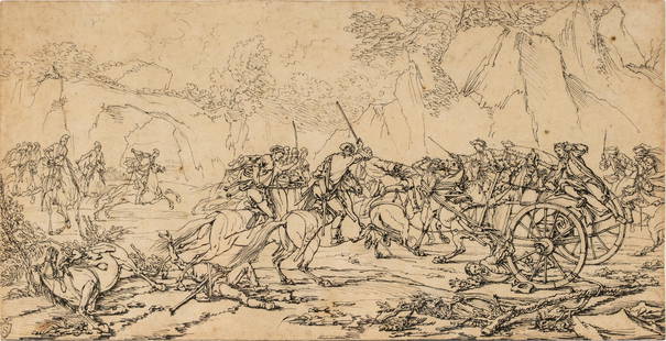 ATTRIBUTED TO PHILIPS WOUWERMAN (1614-1668): An Attack; pen and ink on laid paper; unsigned; accompanied by a cut-out entry from a catalog stating "from the Collection of Dr. Max A. Goldstein, March 2-5, 1920"; framed floating under acrylic; Con