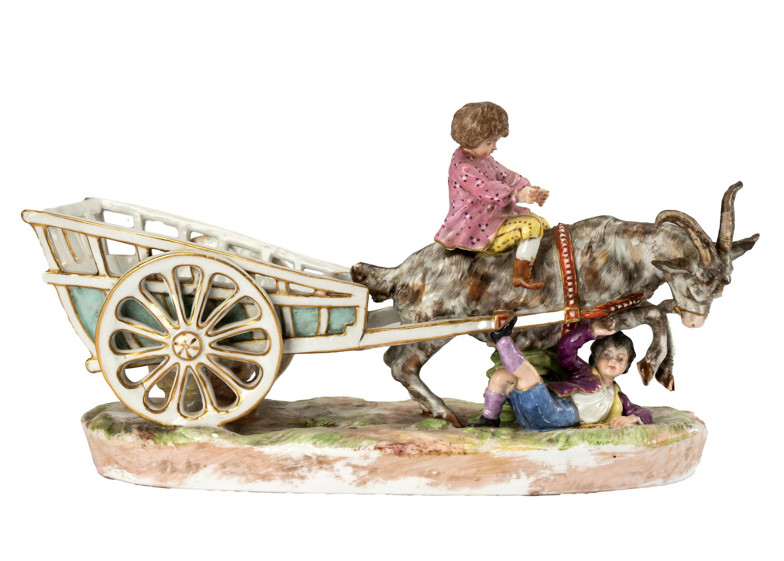 MEISSEN PORCELAIN FIGURAL GROUP: underglaze blue crossed swords mark; depicting children with a goat cart; 12 inches wide; 4 inches deep; 7 inches high